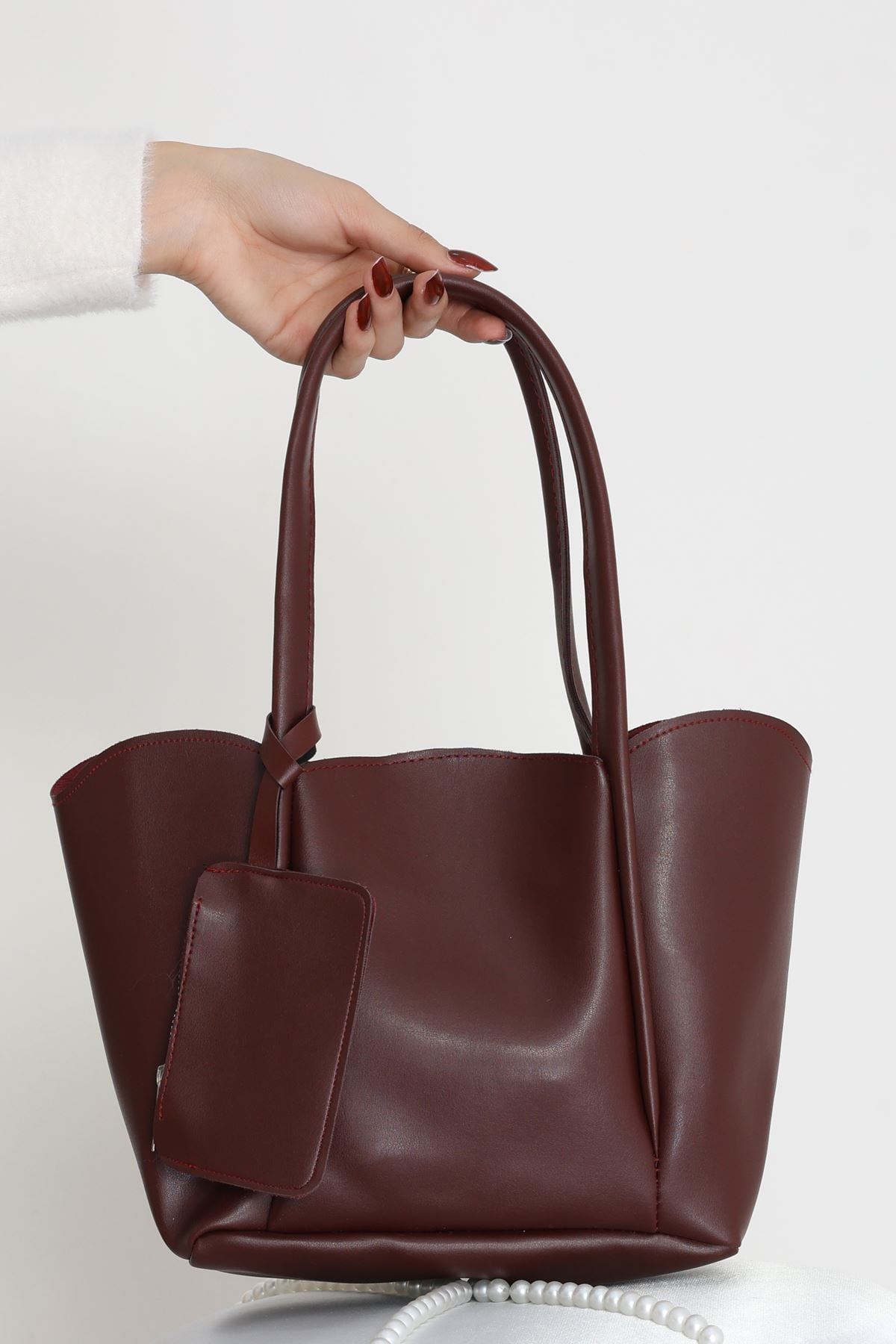 Makyaj Çantalı Ve Cüzdanlı Omuz Çantası Bordo - 31397.2063.