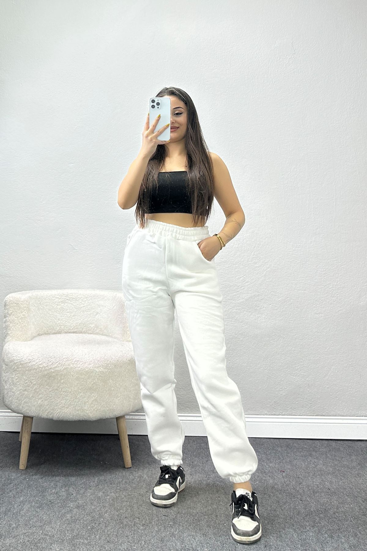 Paça Lastikli 3 İplik Eşofman Altı Ekru - 20956.1878.