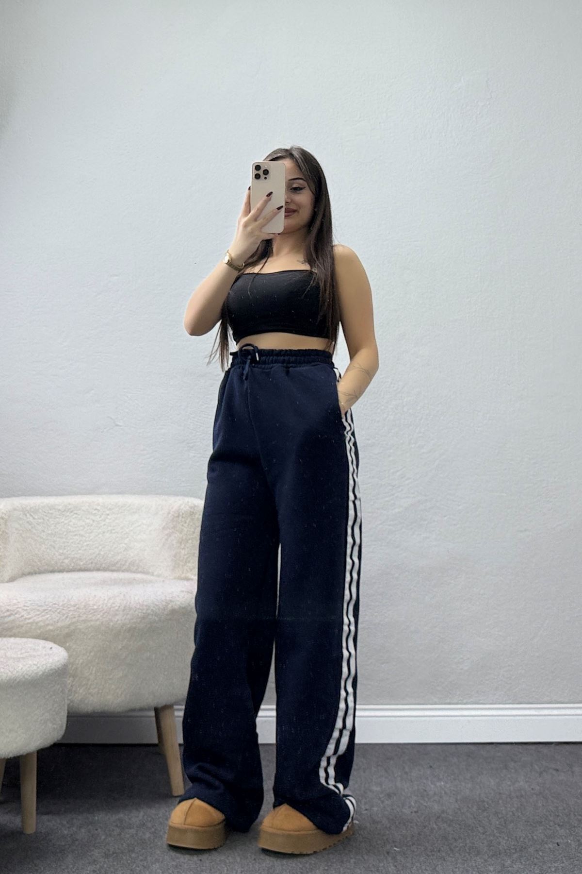 3 İplik Şardonlu Şeritli Eşofman Altı Lacivert - 52023.1857.