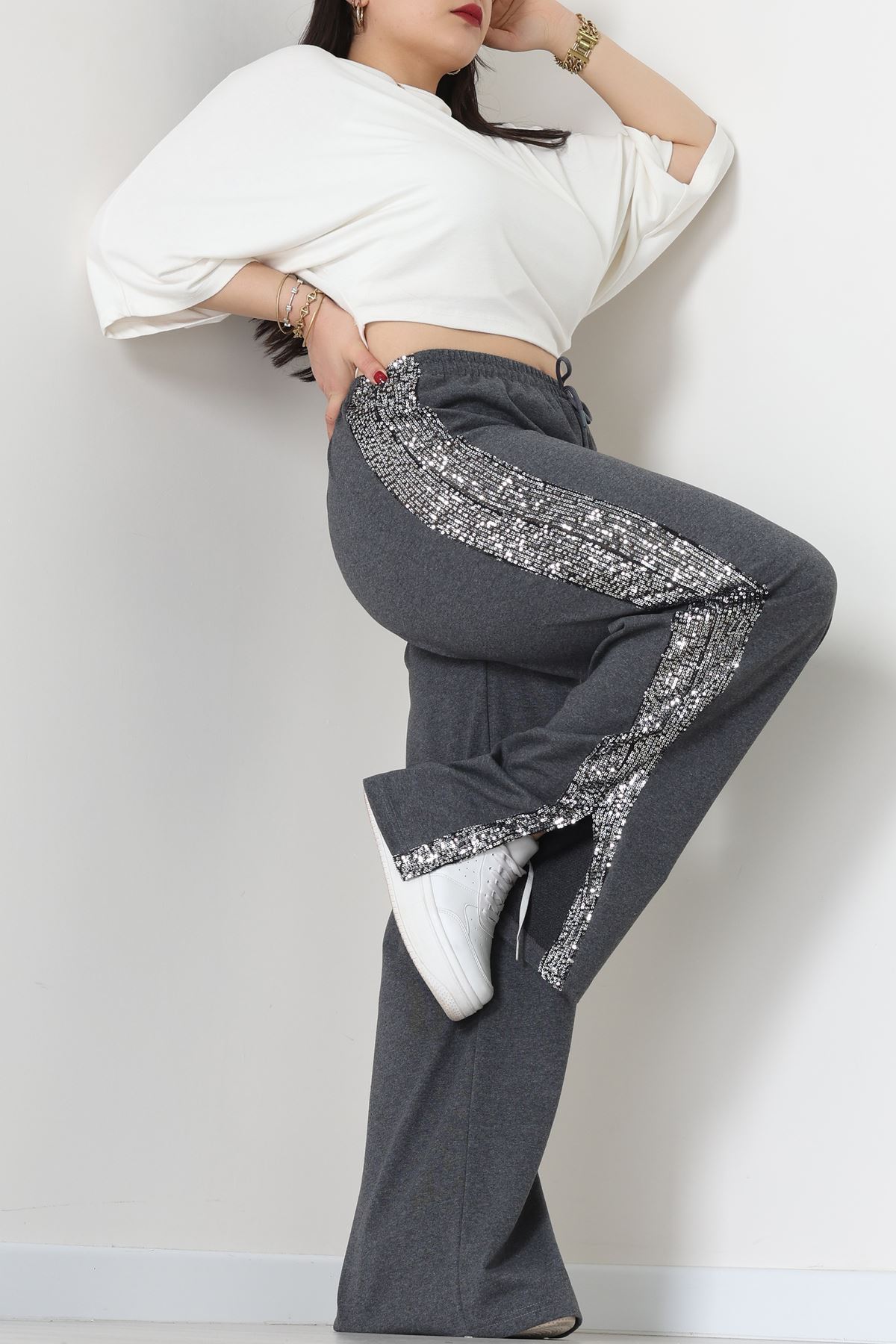 2 İplik Pul Detaylı Eşofman Altı Füme - 52111.1857.