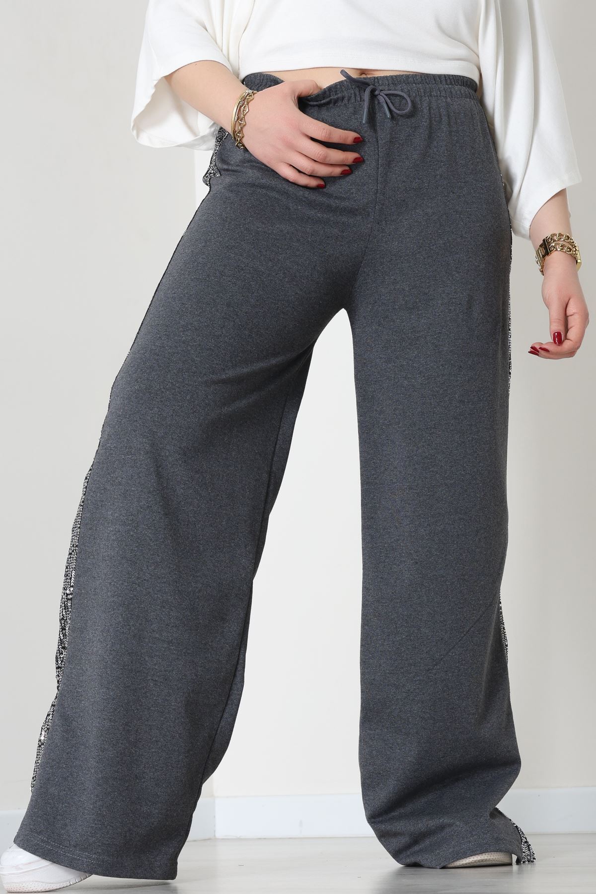 2 İplik Pul Detaylı Eşofman Altı Füme - 52111.1857.