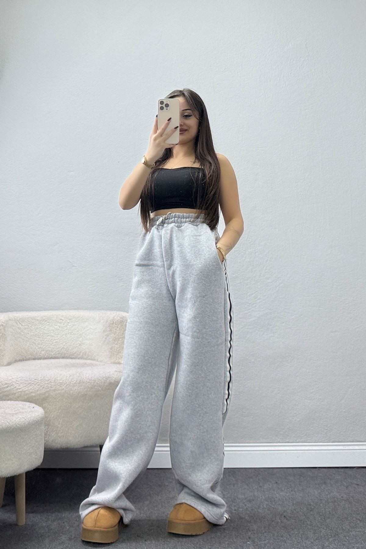 3 İplik Şardonlu Şeritli Eşofman Altı Gri - 52023.1857.