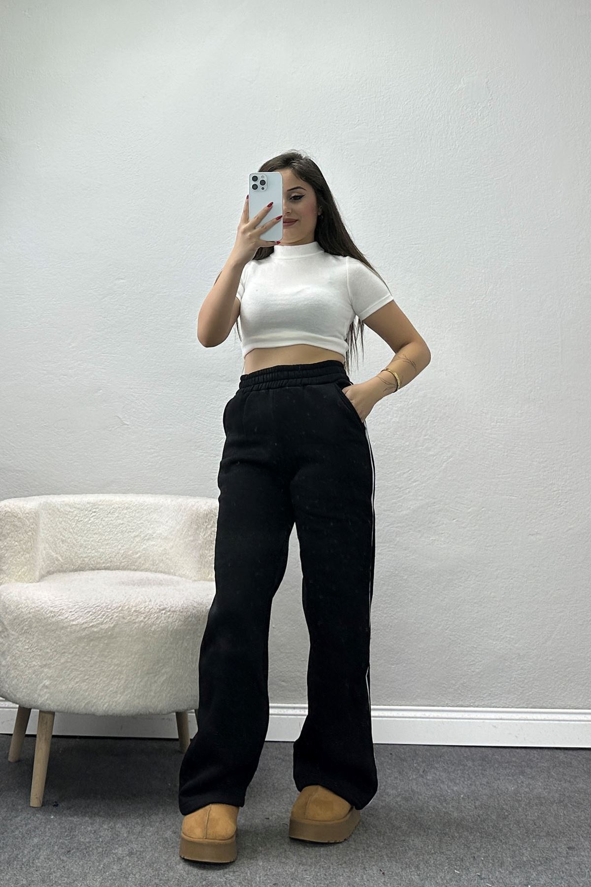 3 İplik Biyeli Palazzo Eşofman Altı Siyah - 30104.1878.