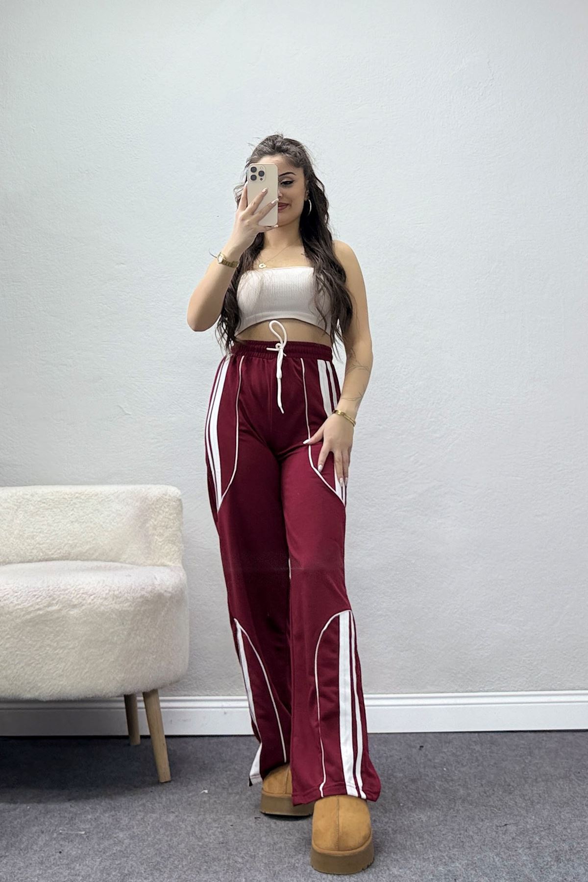 Şeritli 2 İplik Eşofman Altı Bordo - 52172.1005.