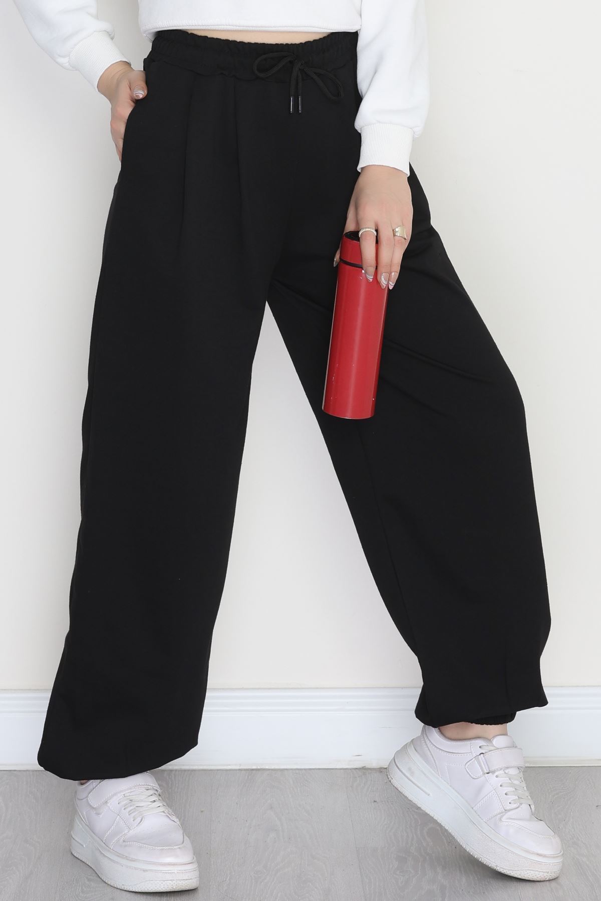 Paça Lastikli 2 İplik Pileli Eşofman Altı Siyah - 52008.1857.