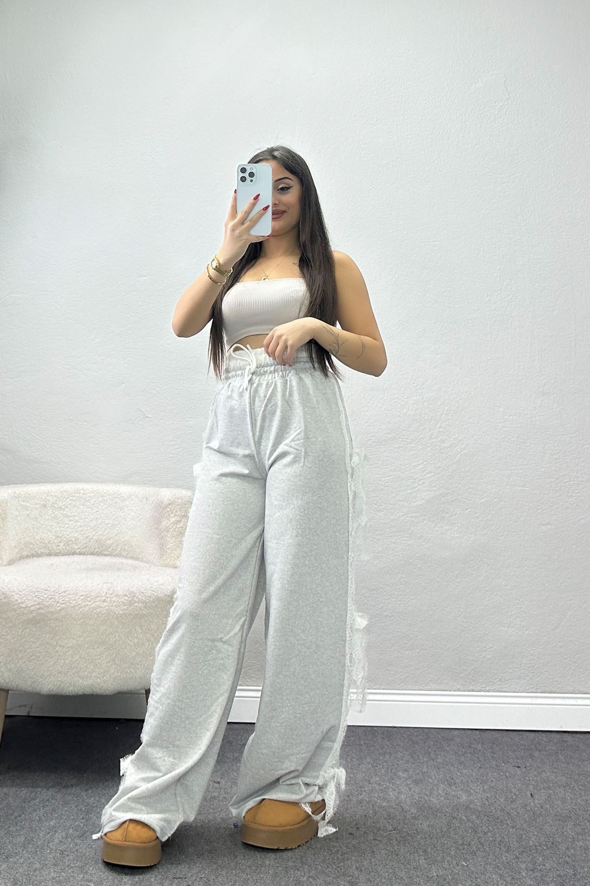 Dantel Şeritli 2 İplik Eşofman Altı Gri - 50798.1857.