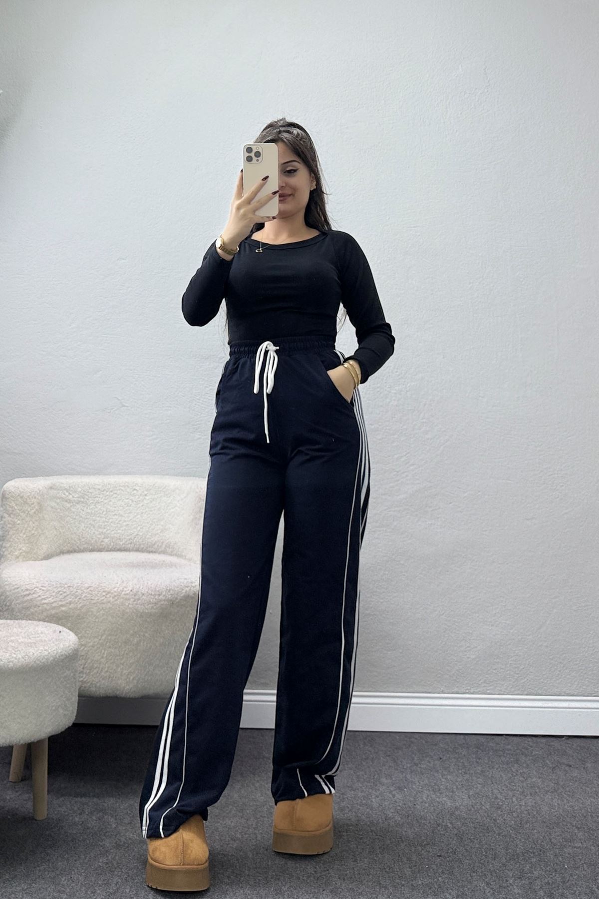 Şeritli 2 İplik Eşofman Altı Lacivert - 52028.1005.