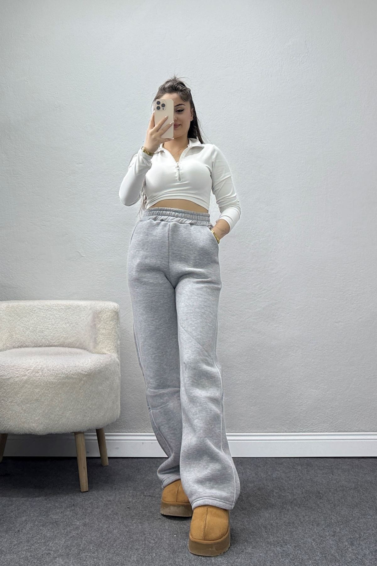 3 İplik Biyeli Palazzo Eşofman Altı Gri - 30104.1878.