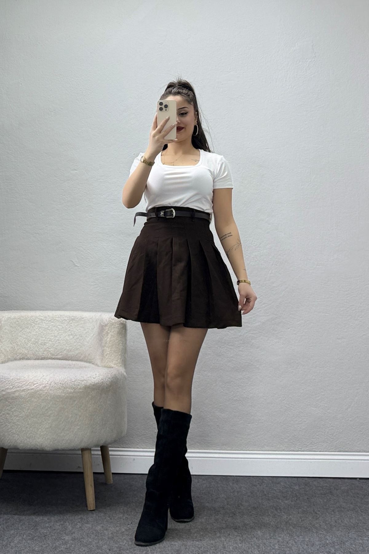 Double Kumaş Kemerli Pileli Etek Acıkahve - 51236.1920.