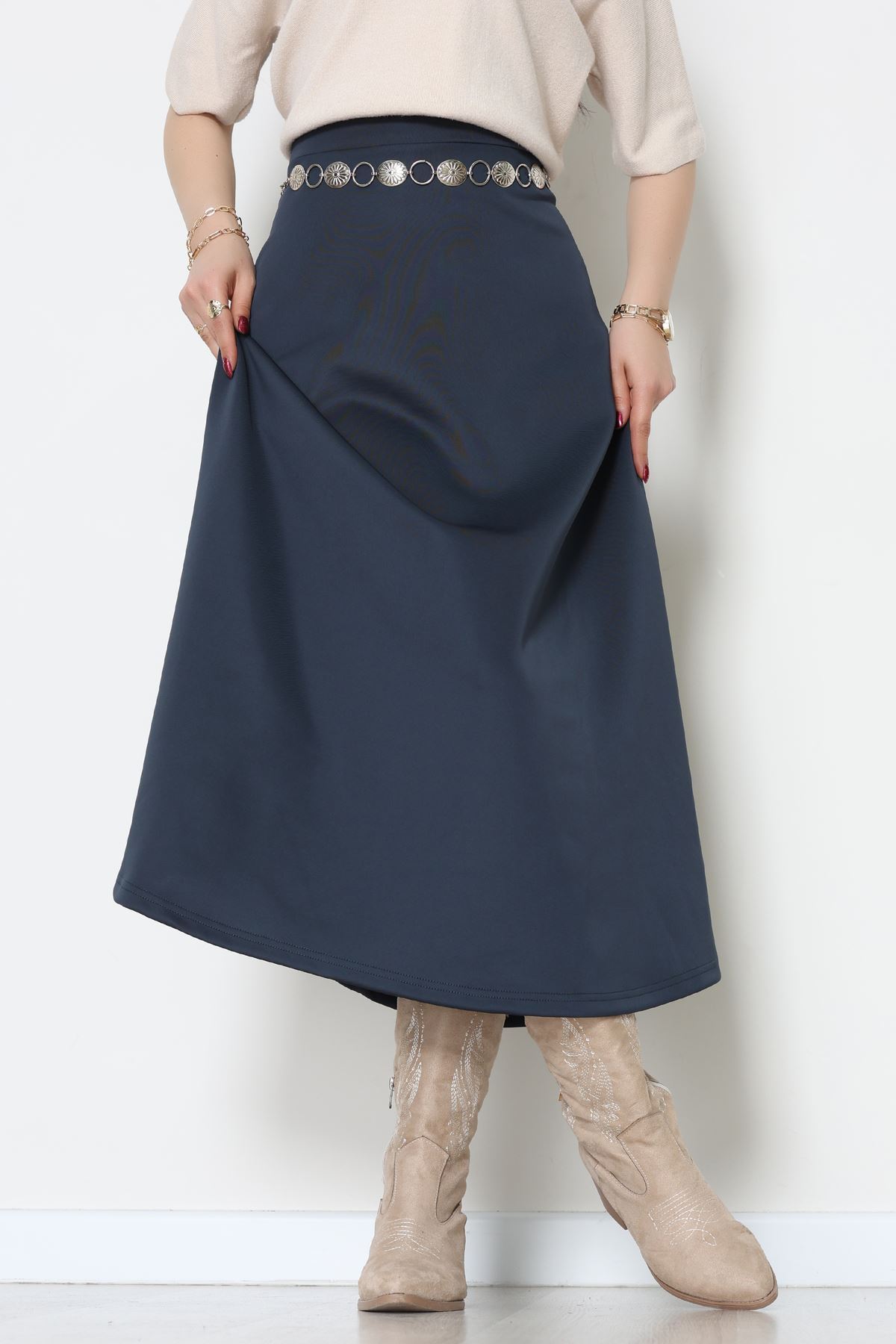 Puf Scuba Kumaş Uzun Etek Lacivert - 51104.1355.