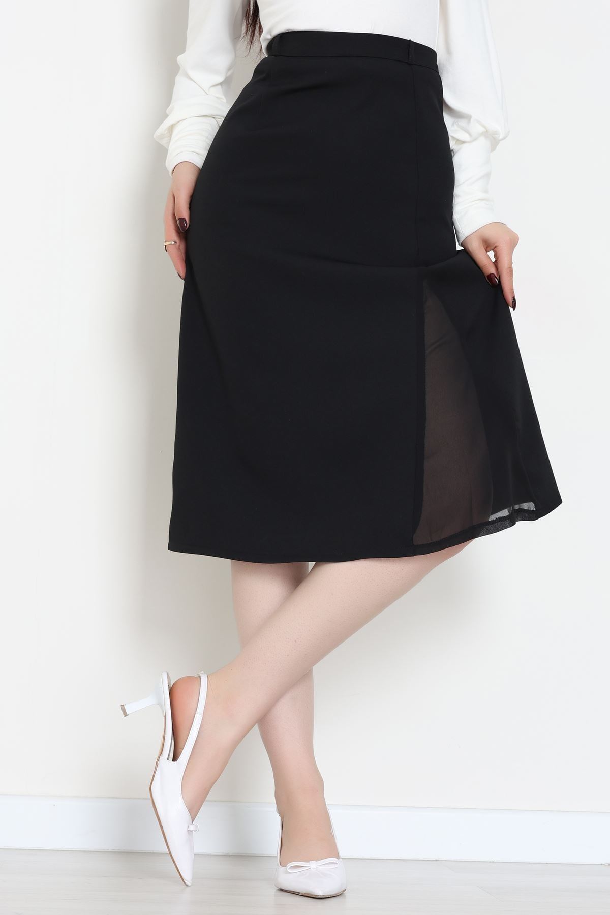 Dabıl Kumaş Tül Yırtmaçlı Etek Siyah - 51260.1991.