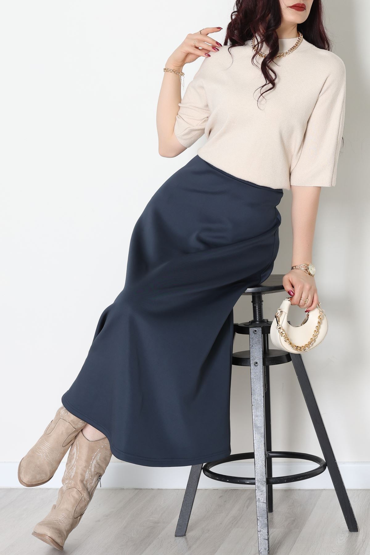 Puf Scuba Kumaş Uzun Etek Lacivert - 51104.1355.