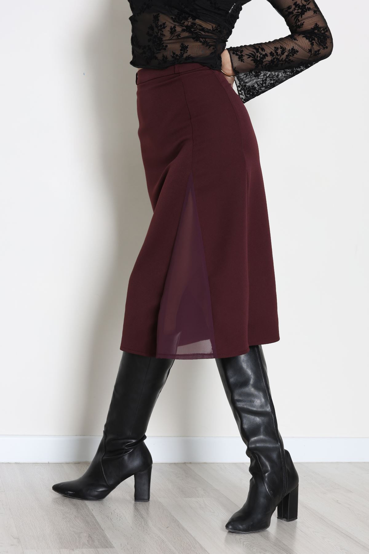 Dabıl Kumaş Tül Yırtmaçlı Etek Mürdüm - 51260.1991.