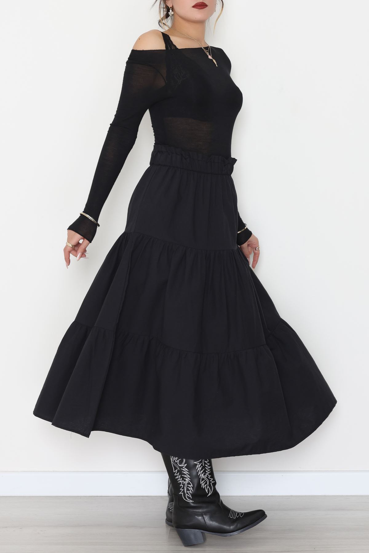 Pamuklu Dokuma Çingene Etek Siyah - 51058.1837.