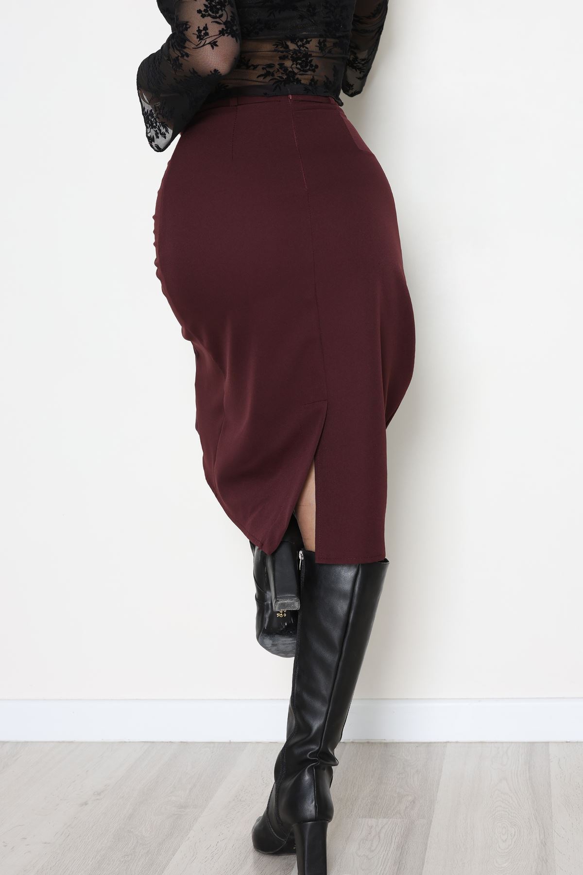 Dabıl Kumaş Tül Yırtmaçlı Etek Mürdüm - 51260.1991.