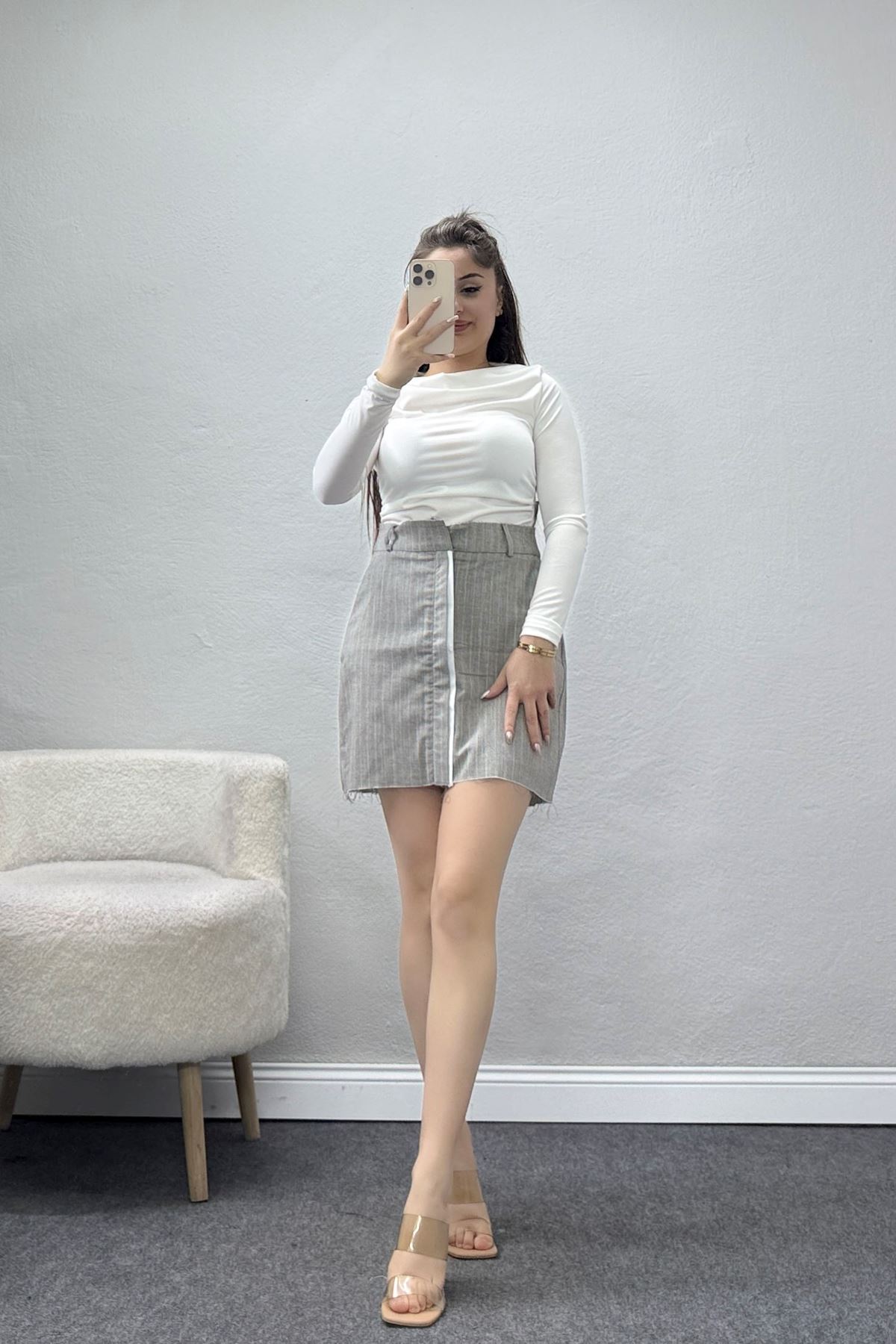 Çizgili Mini Etek Gri - 40839.444.