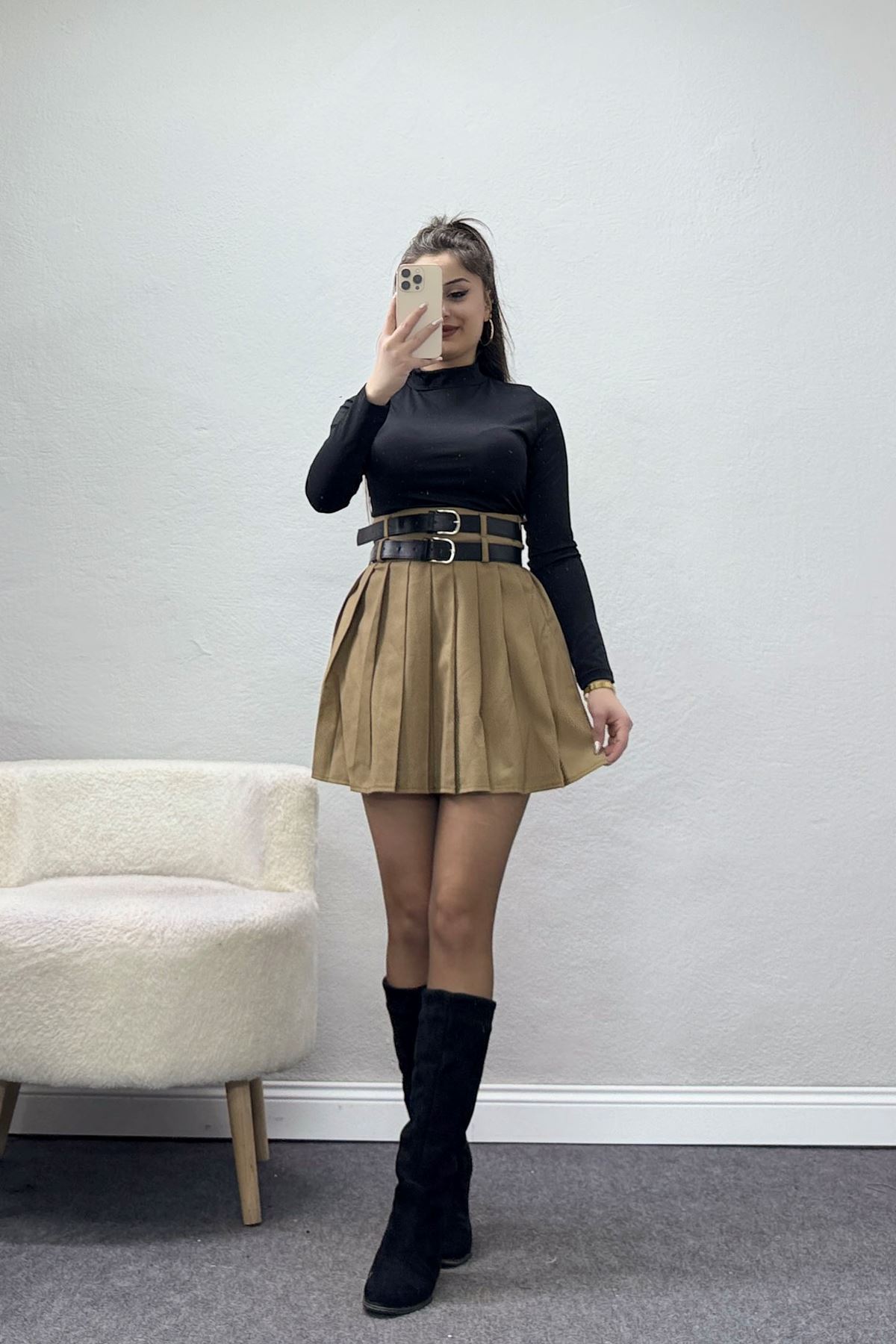 Pileli Çift Kemerli Etek Camel - 3239.1995.