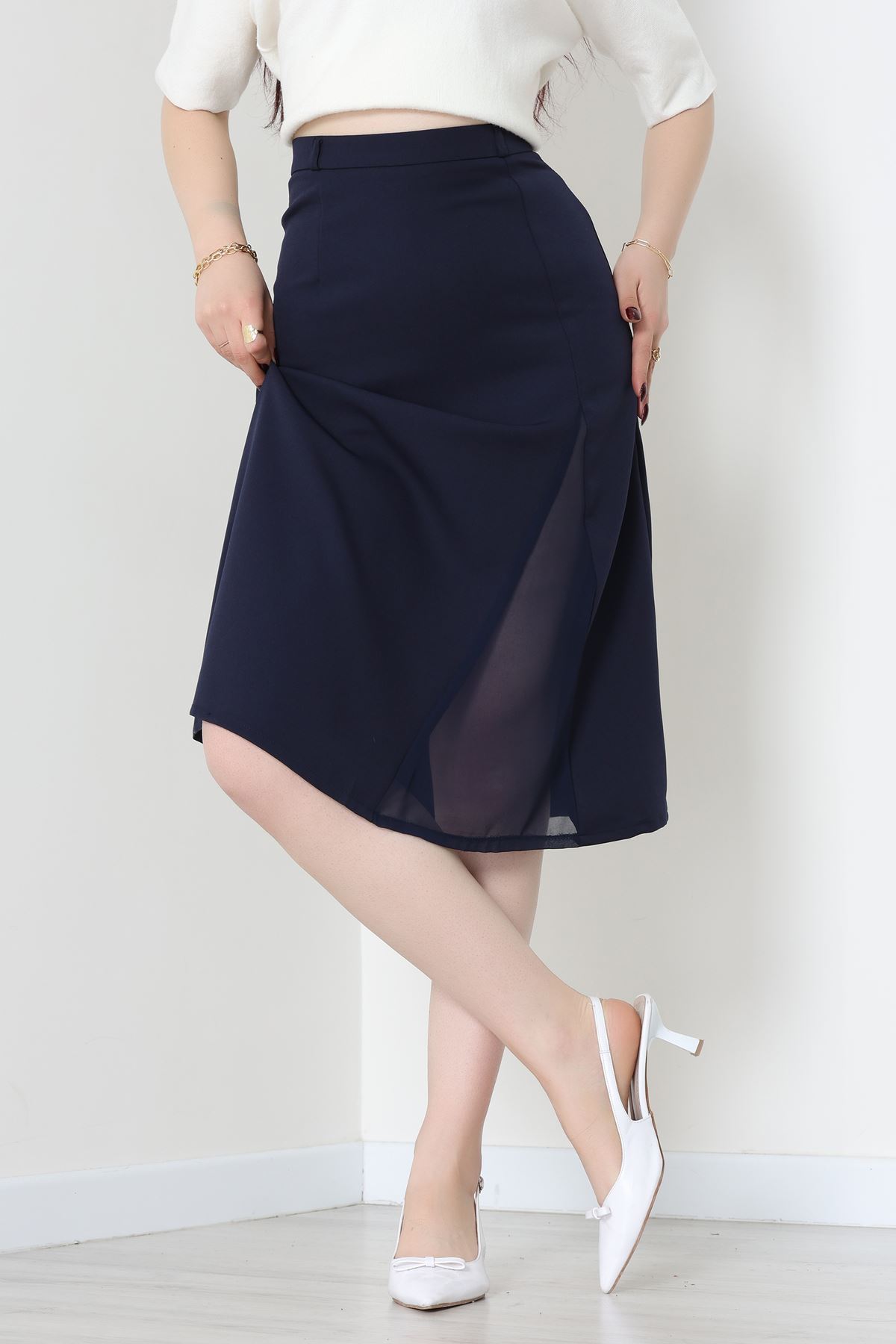 Dabıl Kumaş Tül Yırtmaçlı Etek Lacivert - 51260.1991.