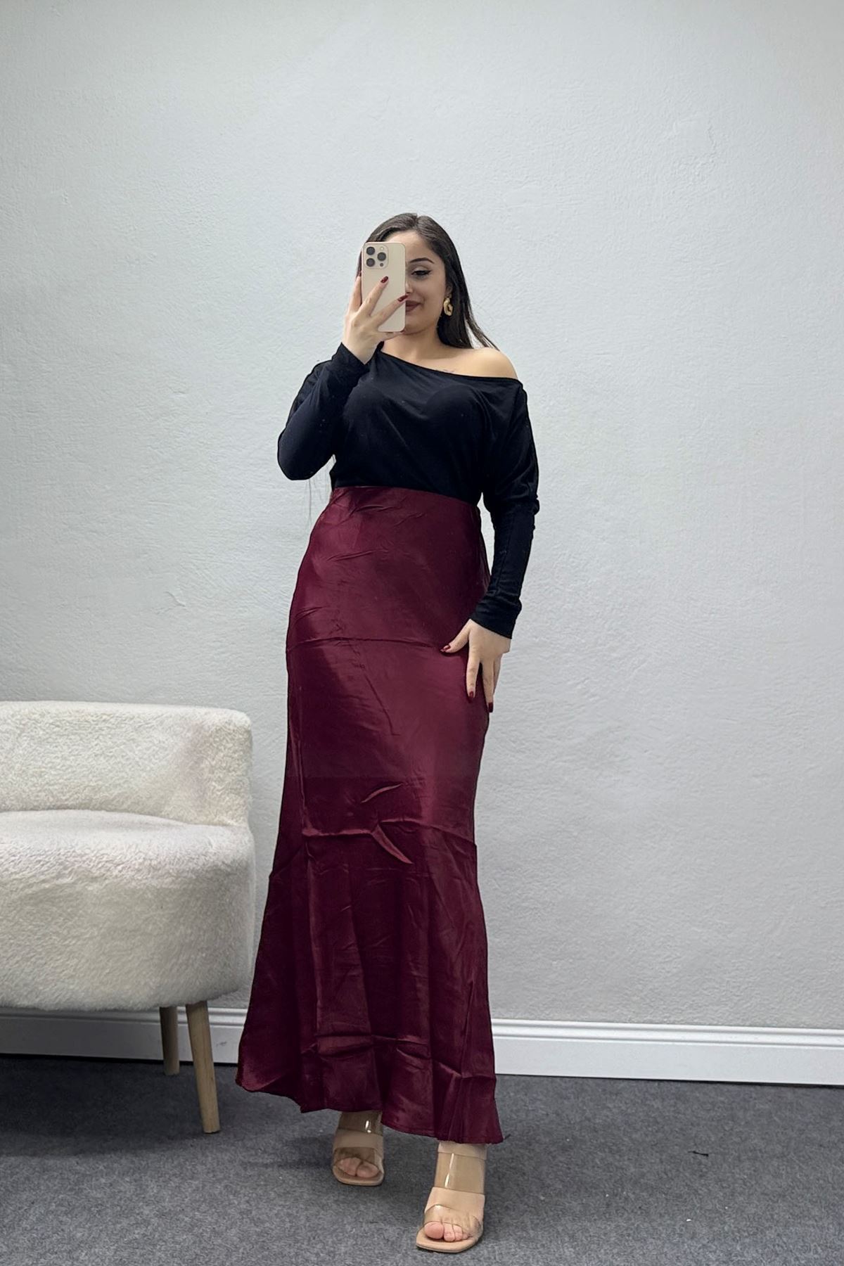 Beli Lastikli Verev Kesim Saten Etek Bordo - 51242.2077.