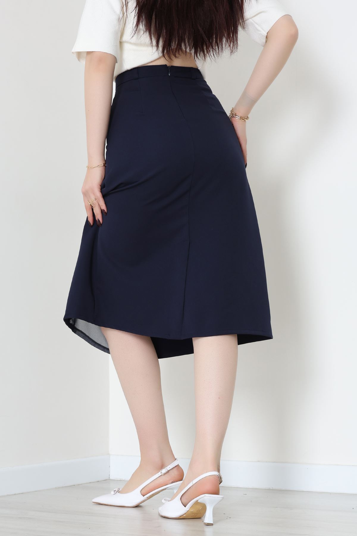 Dabıl Kumaş Tül Yırtmaçlı Etek Lacivert - 51260.1991.