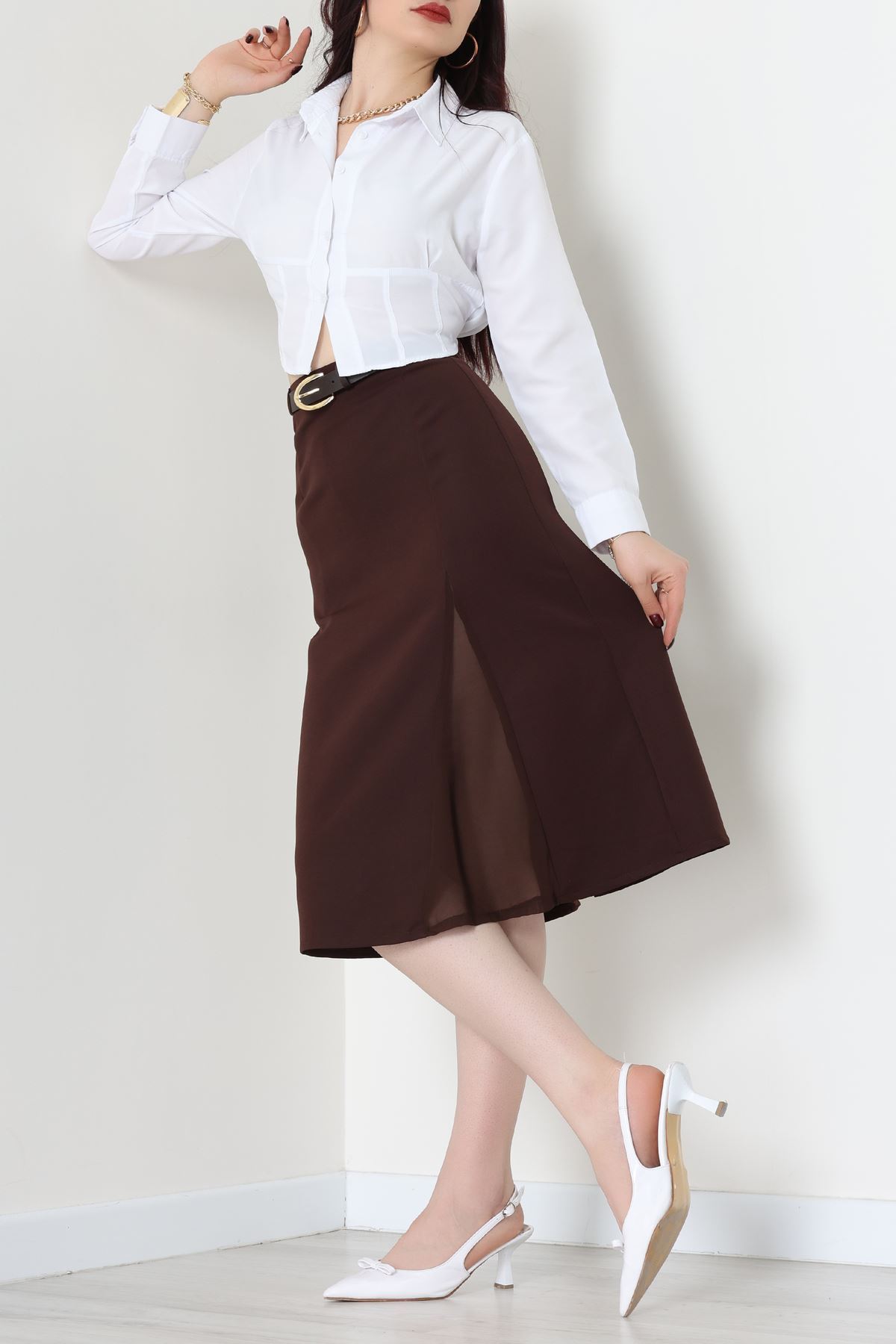 Dabıl Kumaş Tül Yırtmaçlı Etek Kahve - 51260.1991.