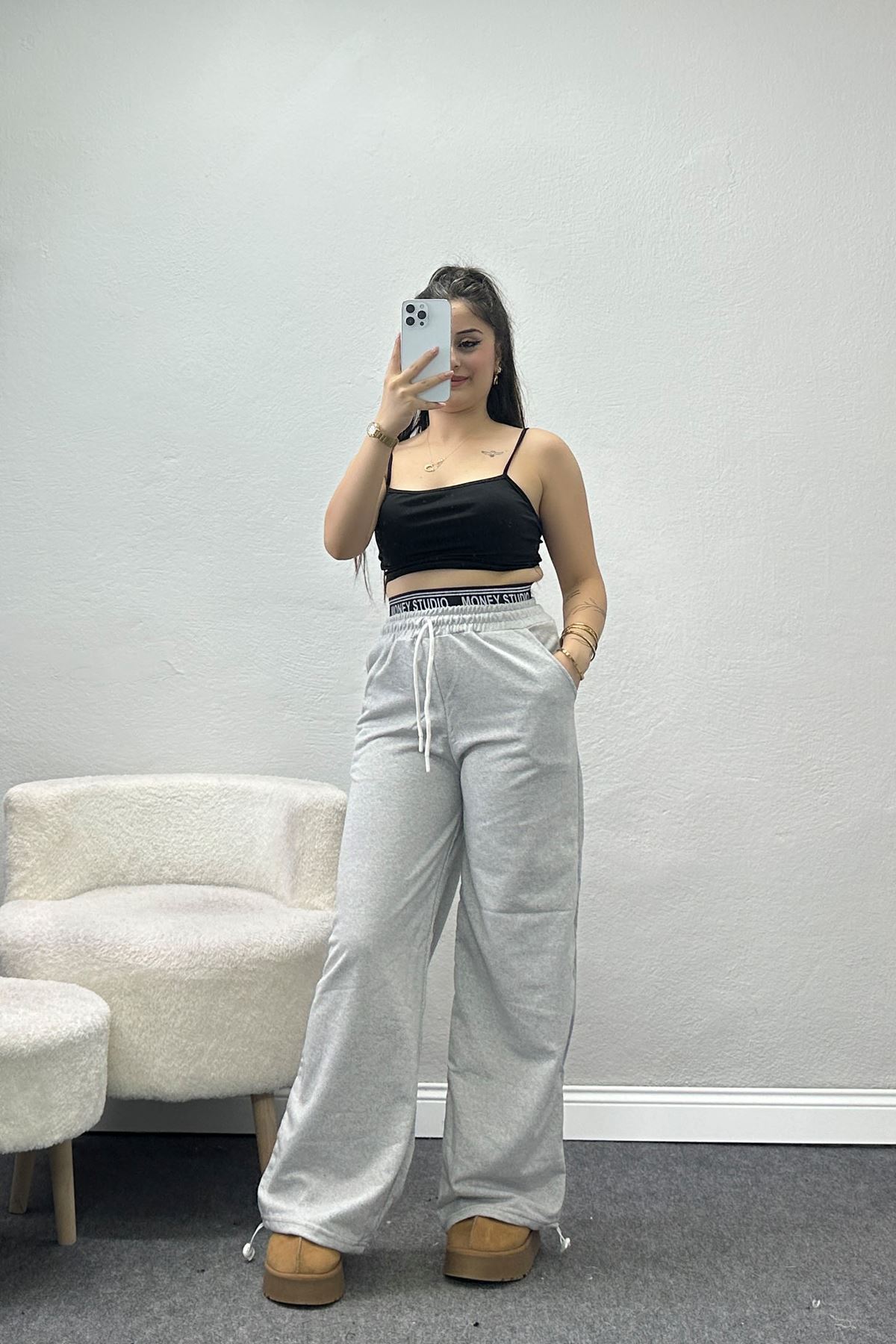 Bel Detaylı 2 İplik Eşofman Altı Gri - 70169.1857.