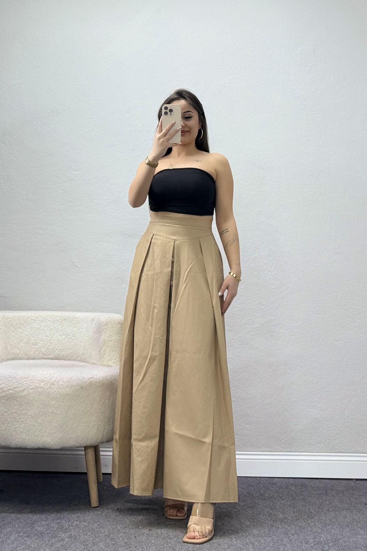 Düğmeli Deri Etek Vizon - 60654.2126.