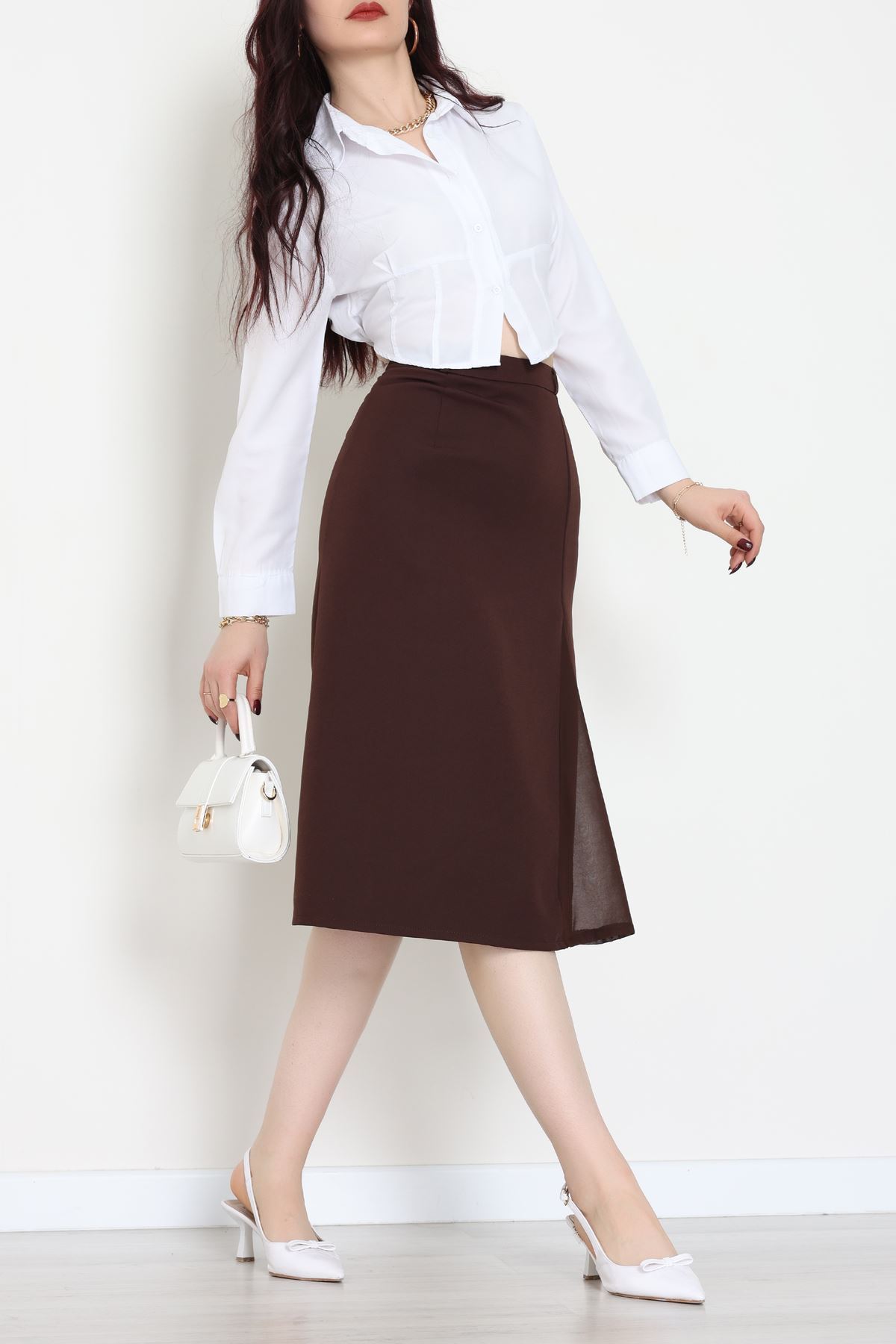 Dabıl Kumaş Tül Yırtmaçlı Etek Kahve - 51260.1991.