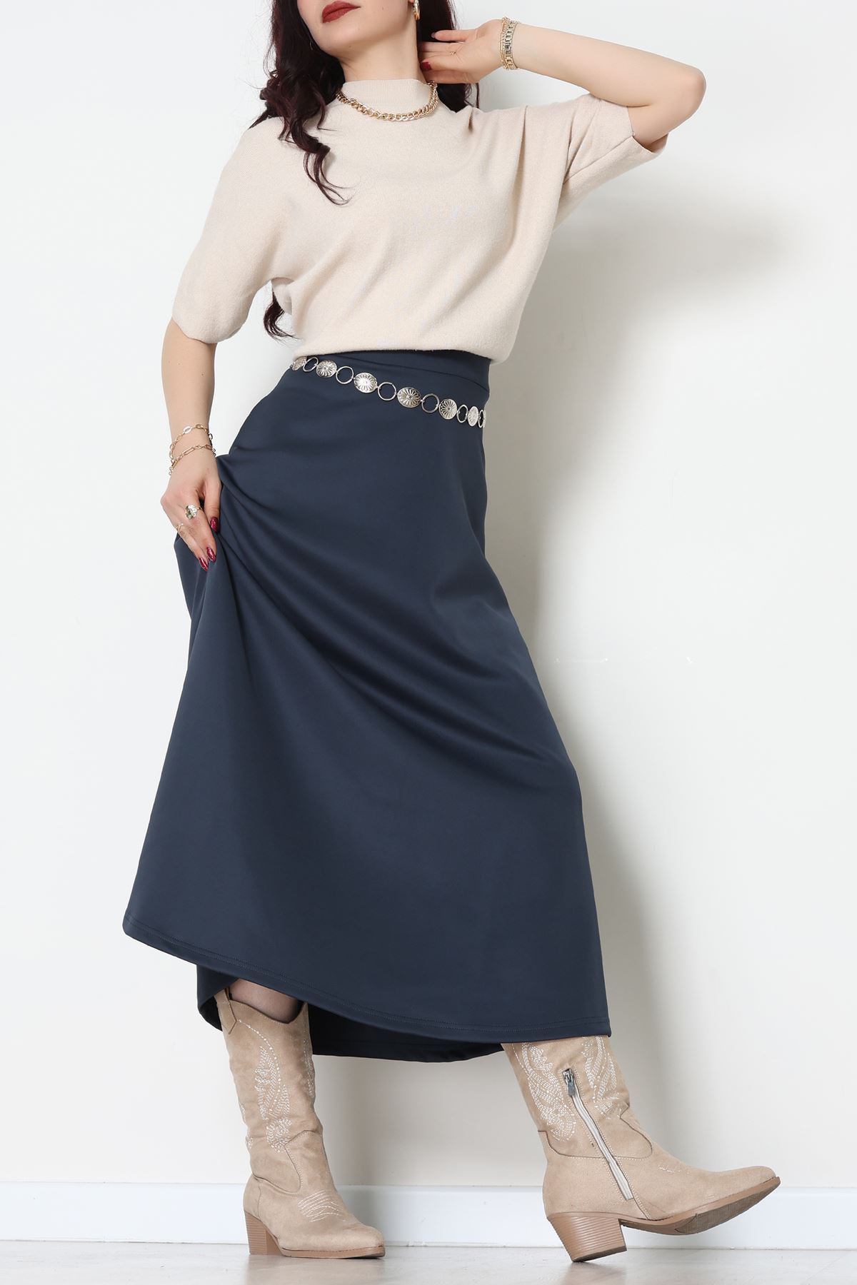 Puf Scuba Kumaş Uzun Etek Lacivert - 51104.1355.