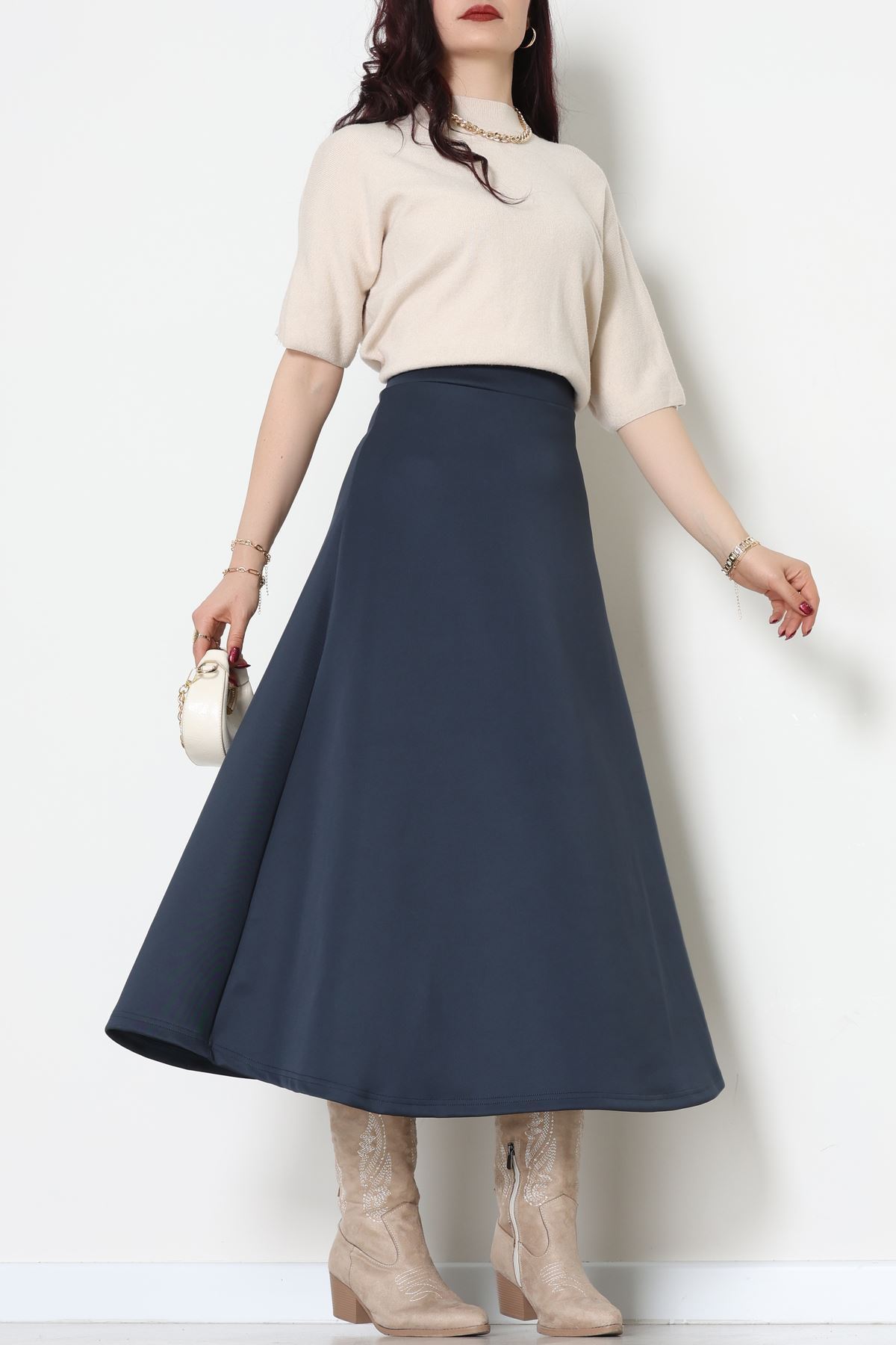 Puf Scuba Kumaş Uzun Etek Lacivert - 51104.1355.