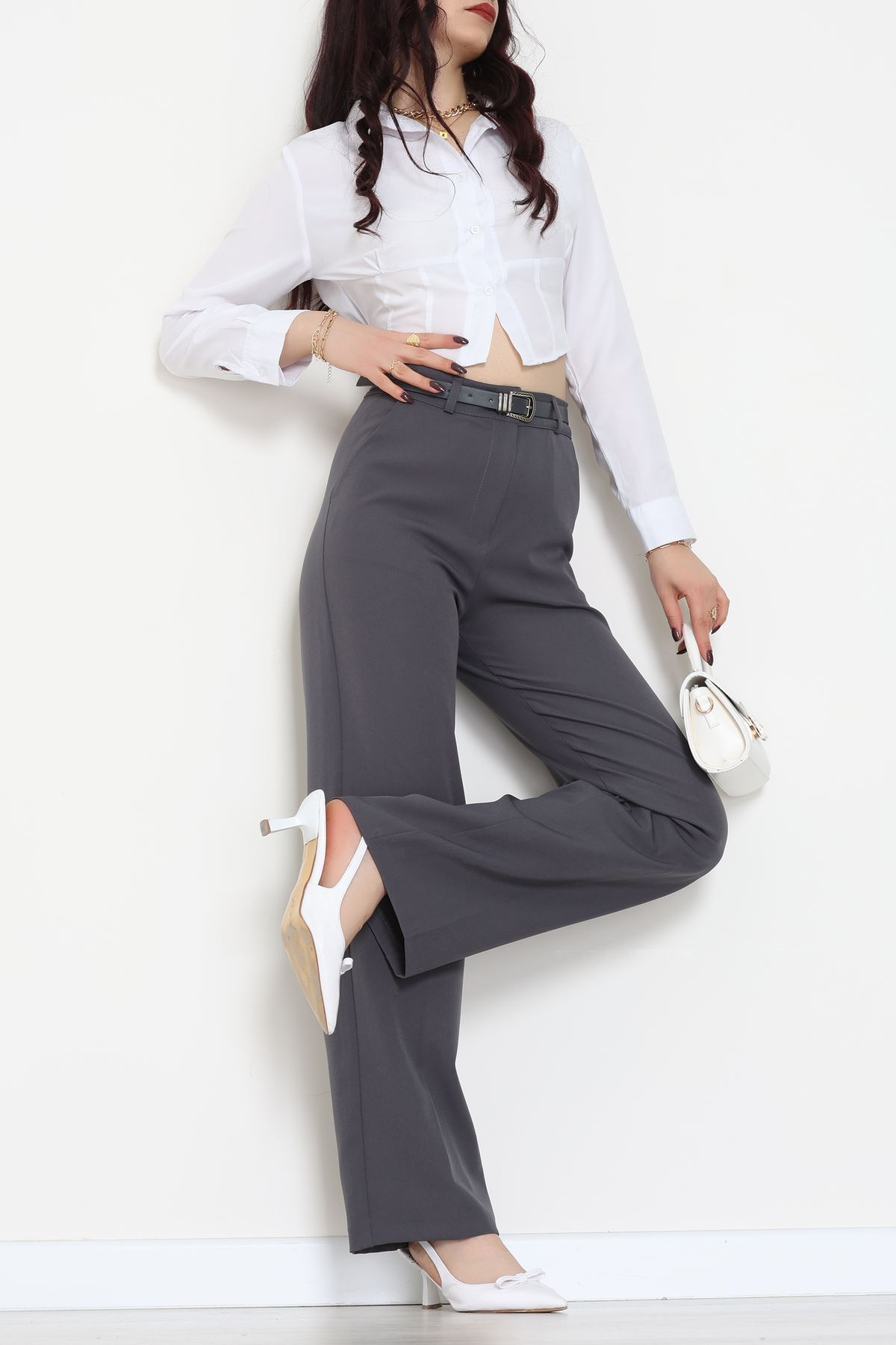 Dabıl Kumaş Kemerli Palazzo Pantolon Antrasit - 51113.1920.