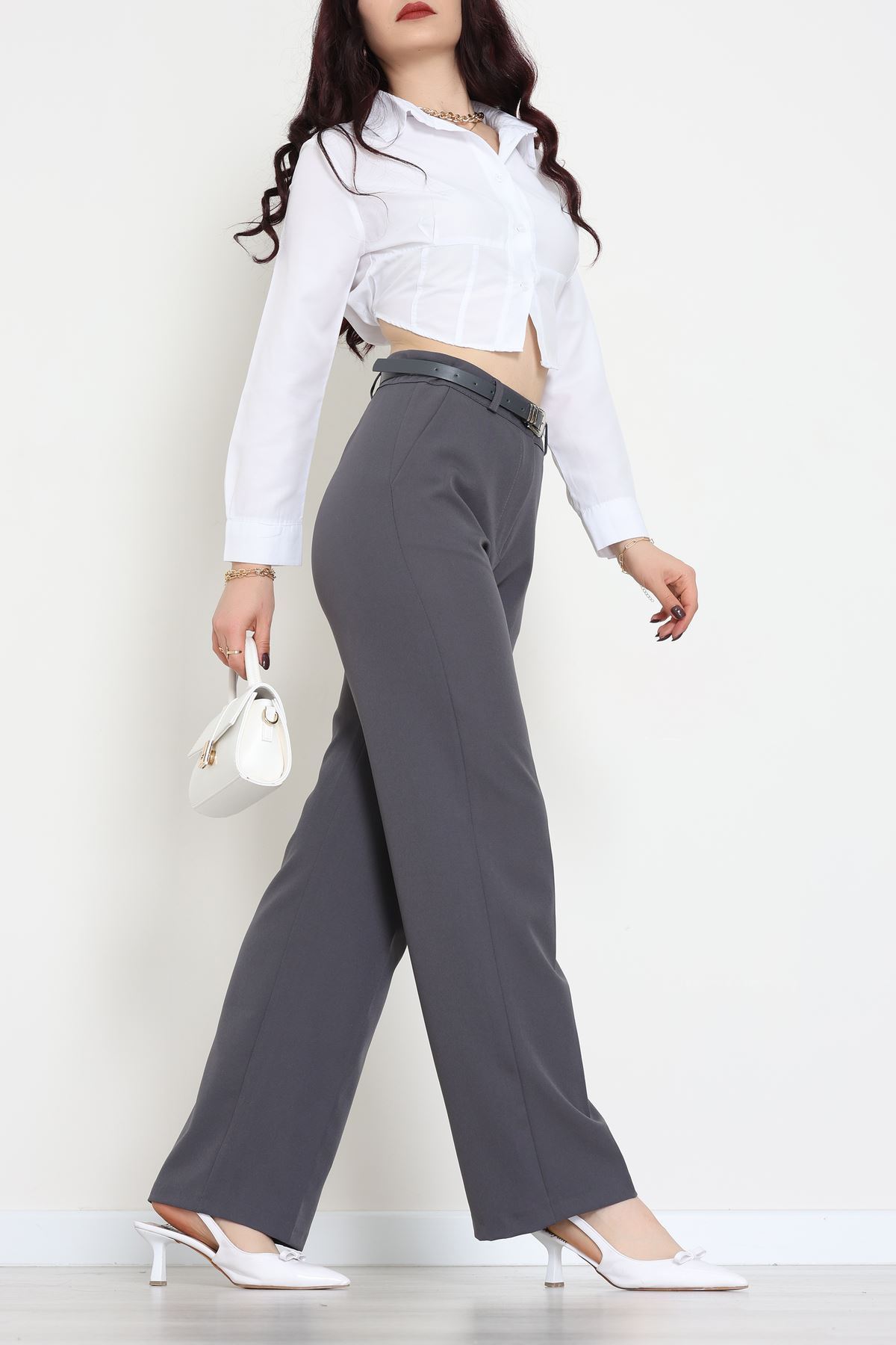 Dabıl Kumaş Kemerli Palazzo Pantolon Antrasit - 51113.1920.