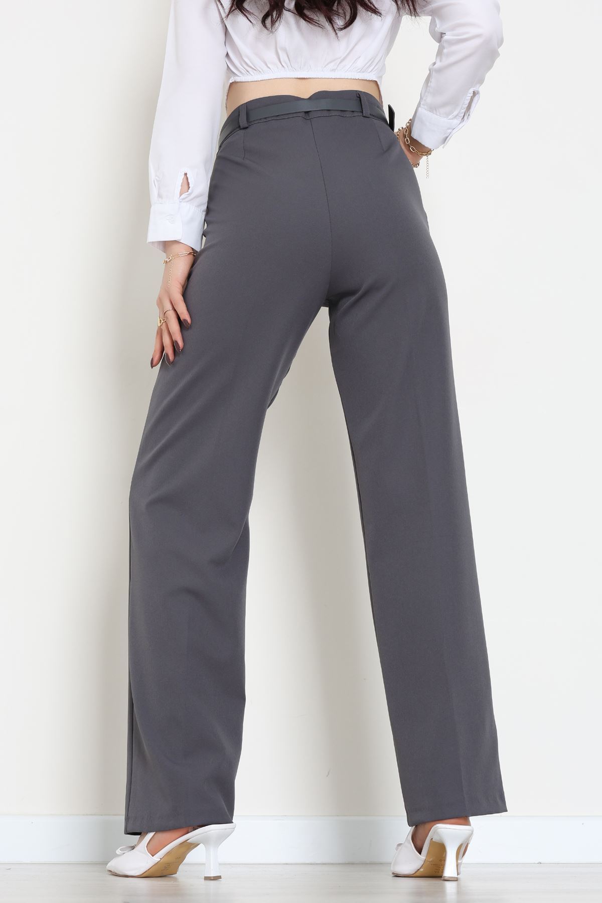 Dabıl Kumaş Kemerli Palazzo Pantolon Antrasit - 51113.1920.