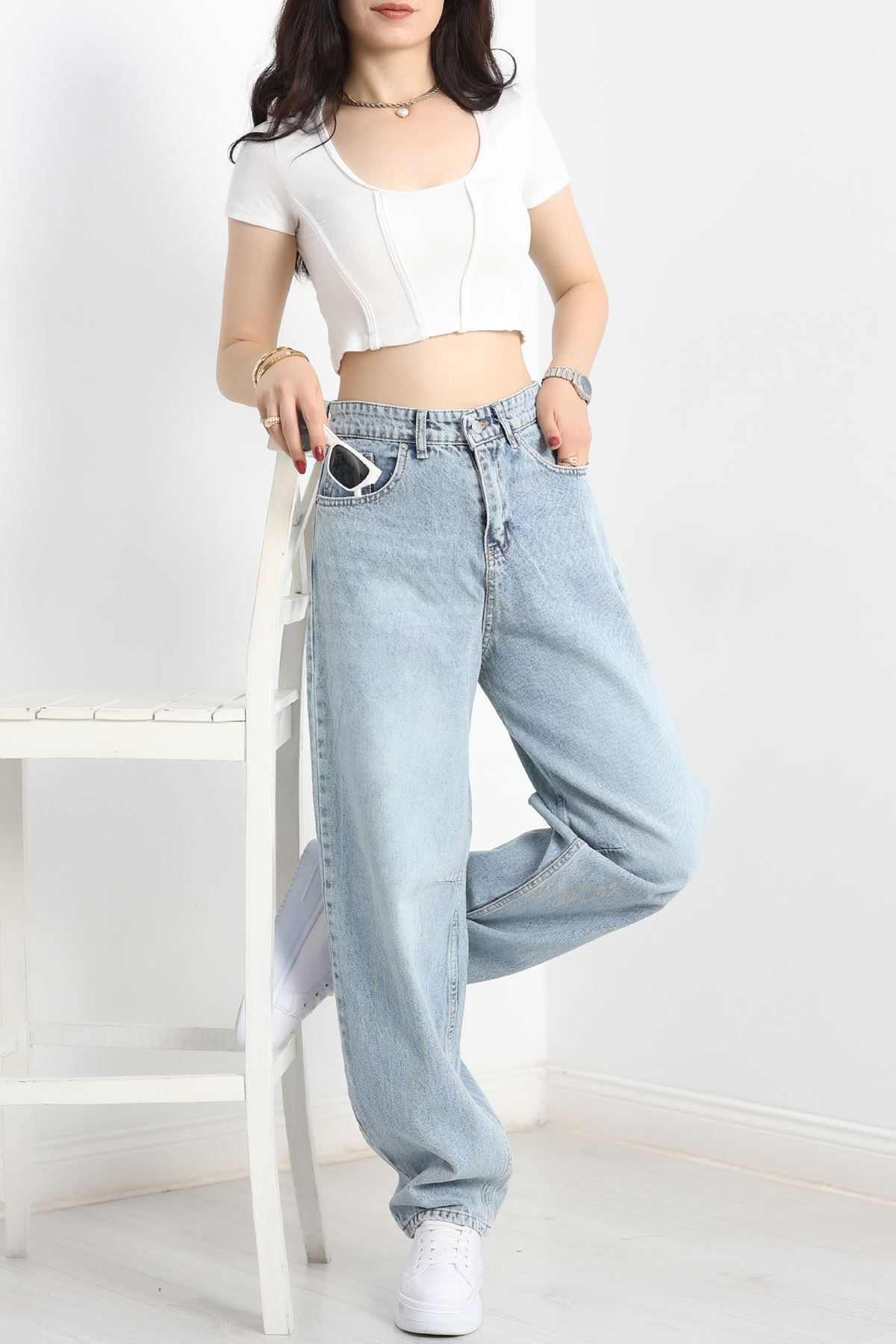 Tokalı Baggy Kot Pantolon Açıkmavi - 31159.2059.