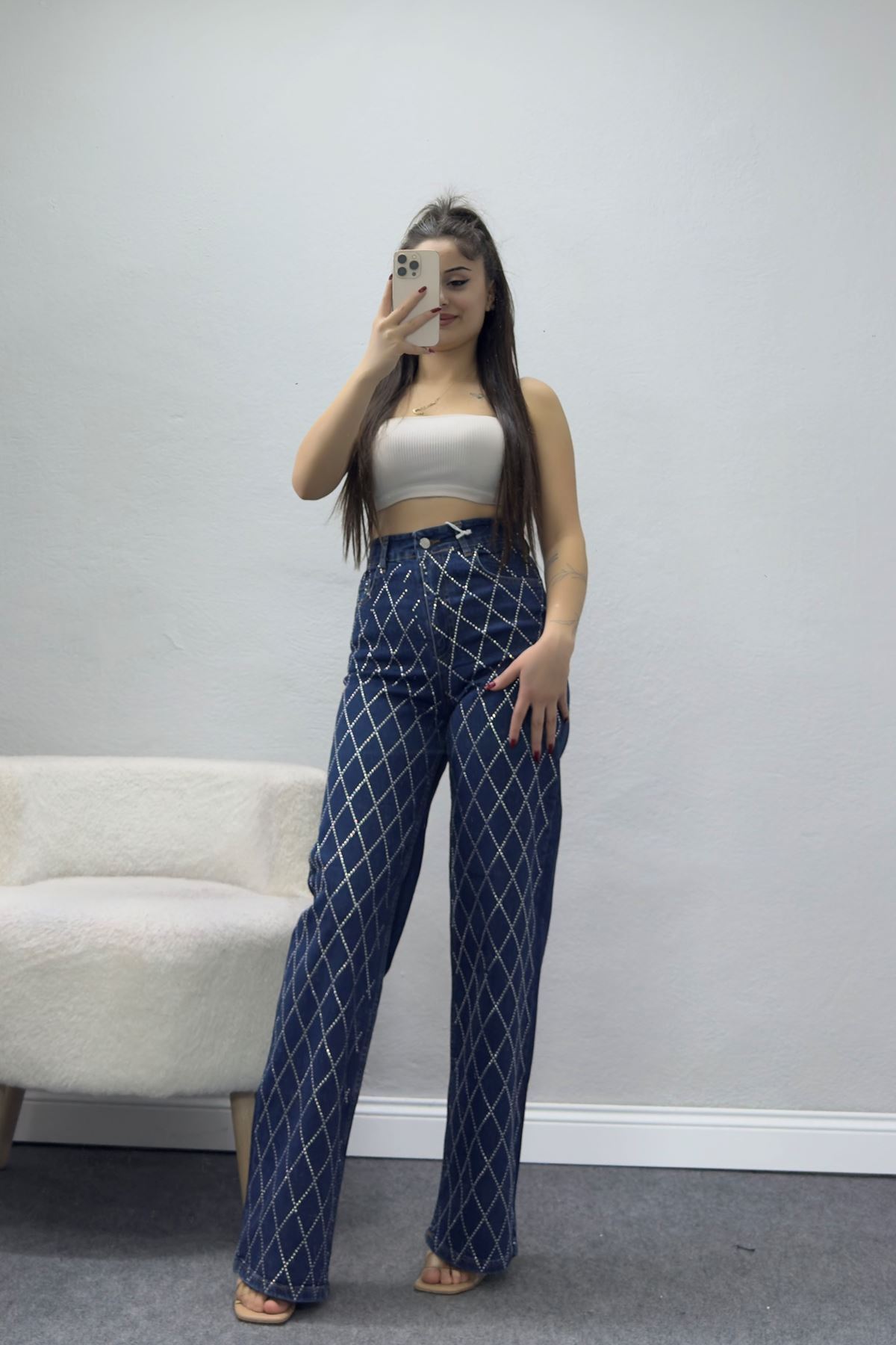 Taşlı Palazzo Kot Pantolon Koyumavi - 31362.2001.