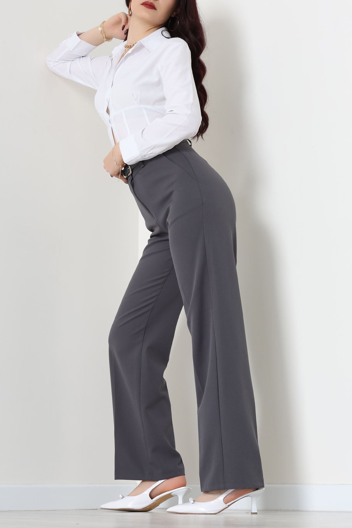 Dabıl Kumaş Kemerli Palazzo Pantolon Antrasit - 51113.1920.