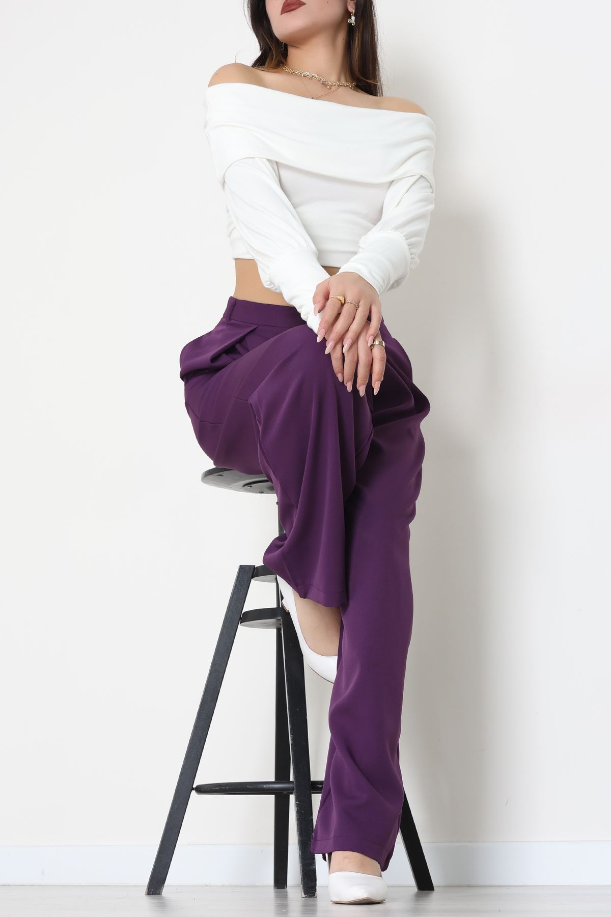 Dabıl Kumaş Pile Detaylı Pantolon Mor - 51610.683.