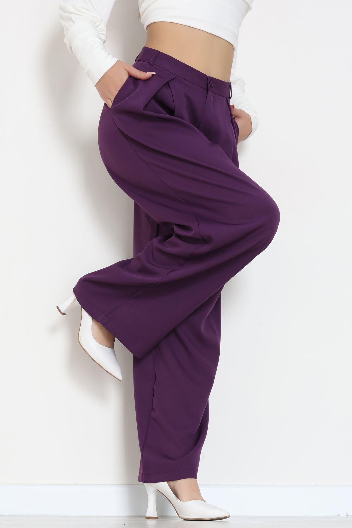 Dabıl Kumaş Pile Detaylı Pantolon Mor - 51610.683.