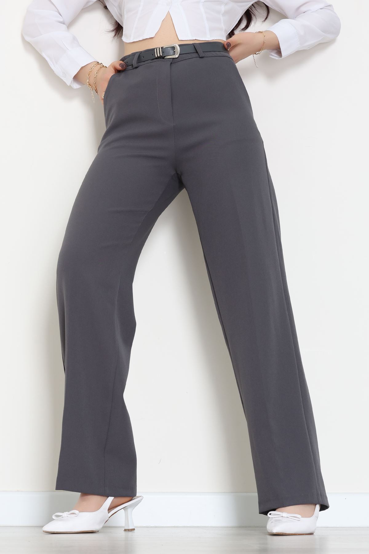 Dabıl Kumaş Kemerli Palazzo Pantolon Antrasit - 51113.1920.