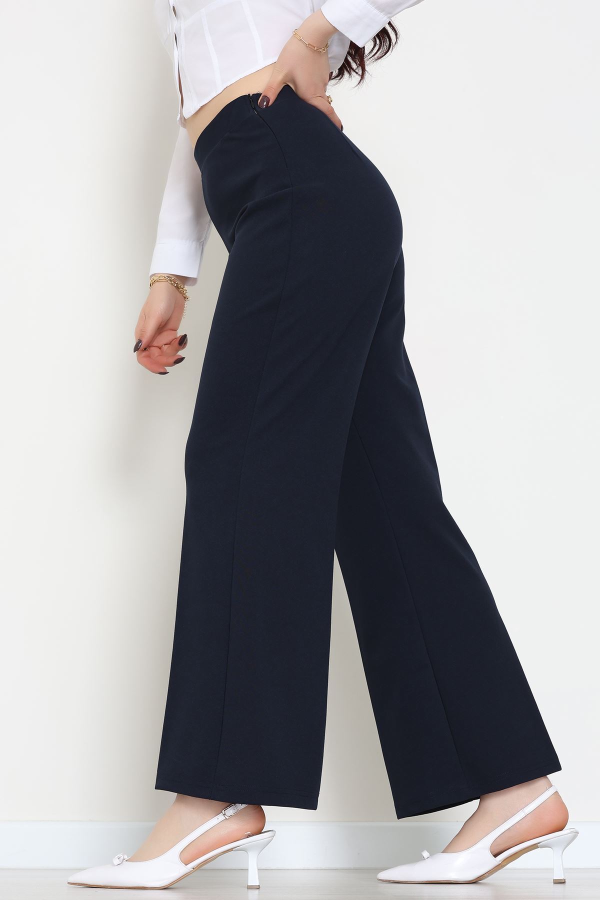 İthal Scuba Krep Likralı Yandan Fermuarlı Pantolon Lacivert - 51233.1397.