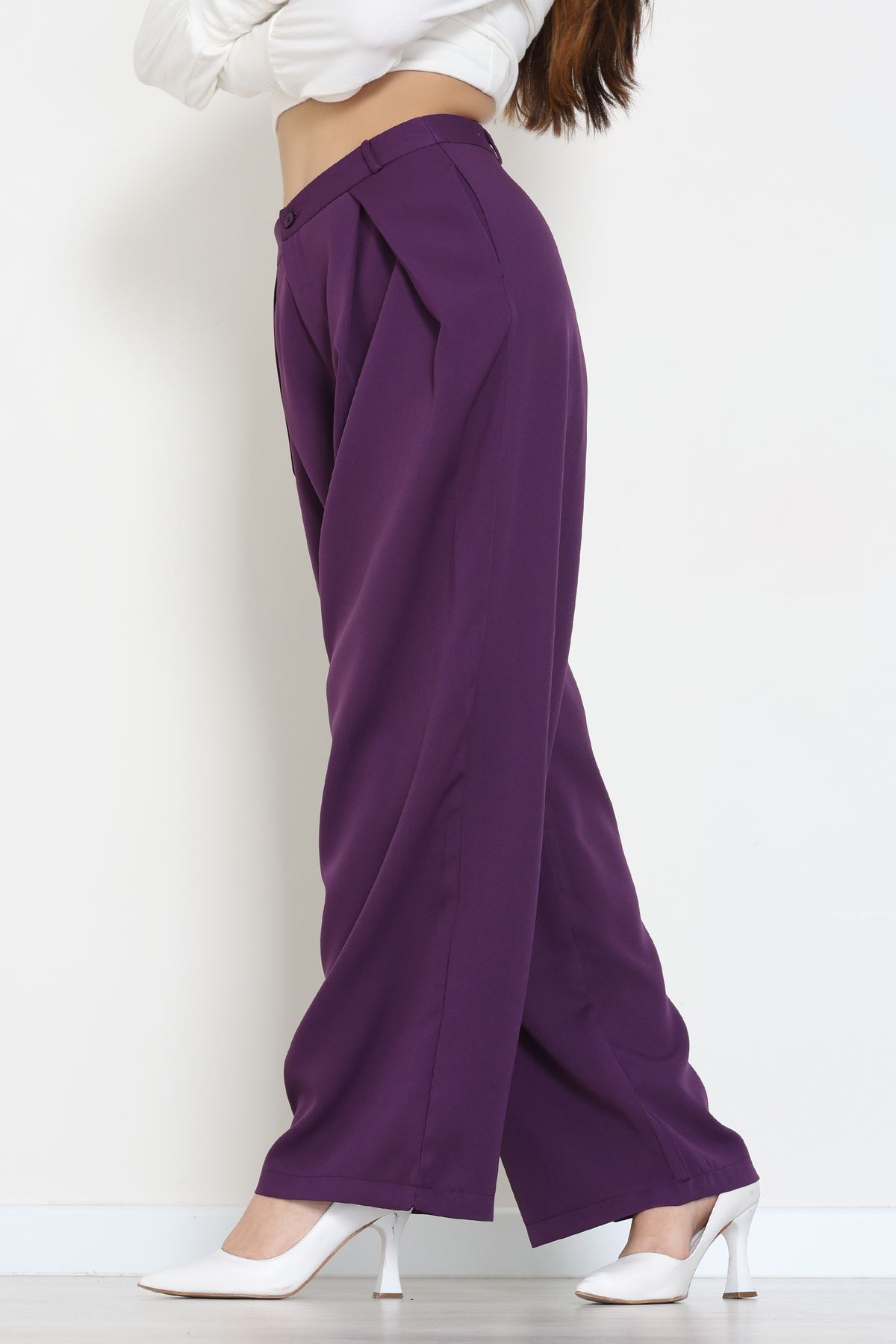 Dabıl Kumaş Pile Detaylı Pantolon Mor - 51610.683.