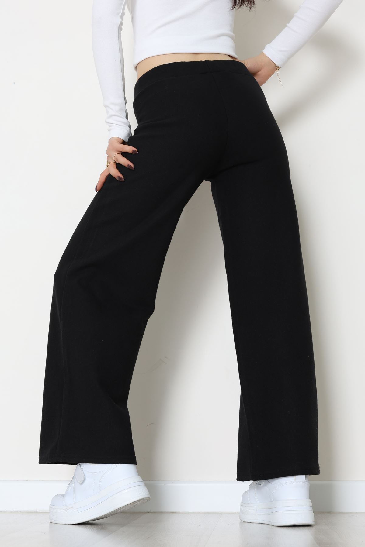 Selanik Kumaş Bel Lastikli Palazzo Pantolon Siyah - 51228.1567.