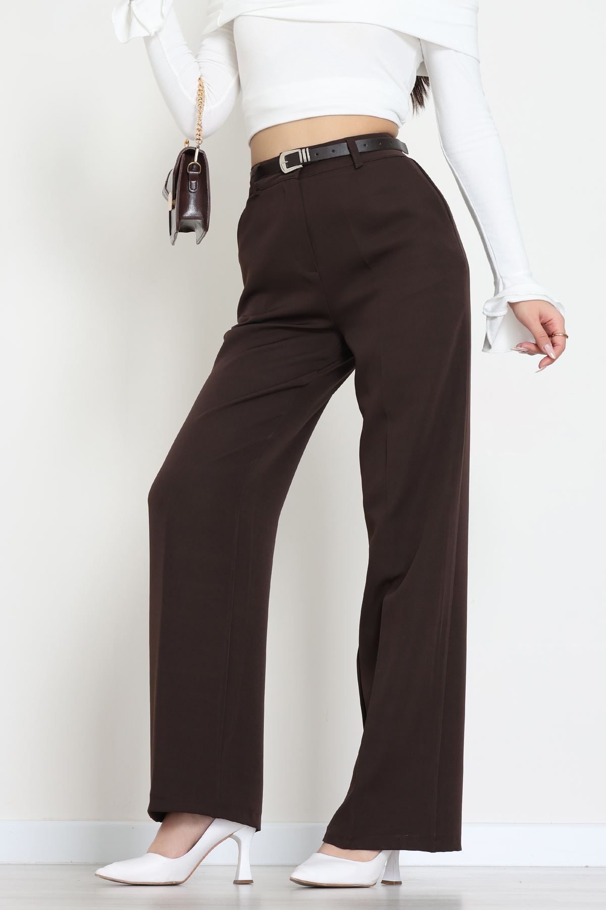 Dabıl Kumaş Kemerli Palazzo Pantolon Kahve - 51113.1920.