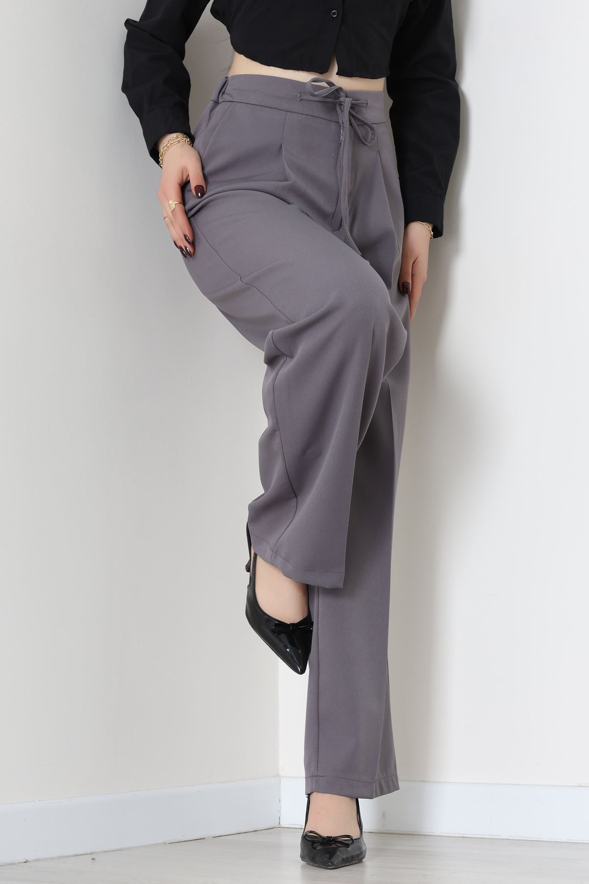 Dabıl Kumaş Beli Bağcıklı Pantolon Antrasit - 51615.683.