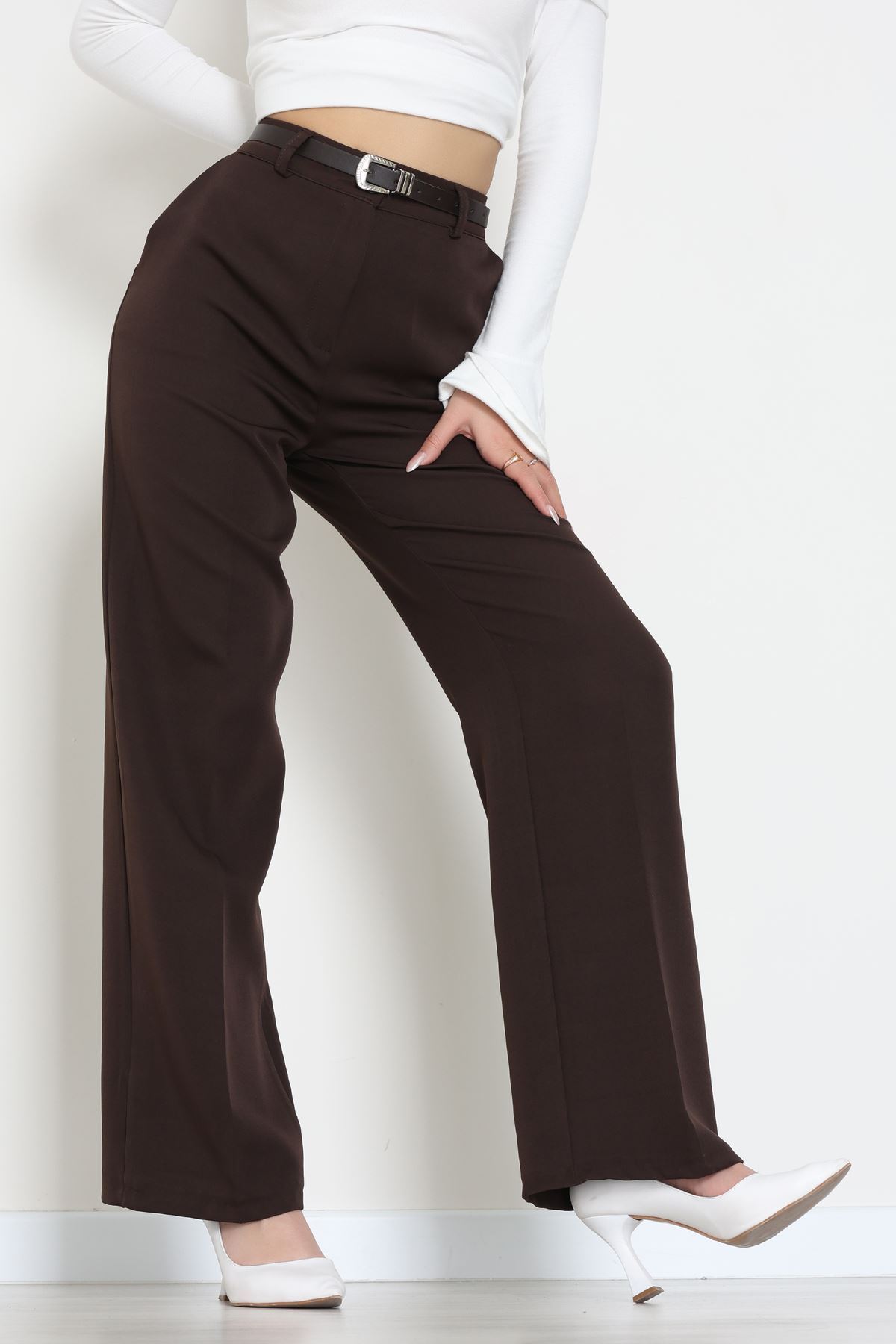 Dabıl Kumaş Kemerli Palazzo Pantolon Kahve - 51113.1920.