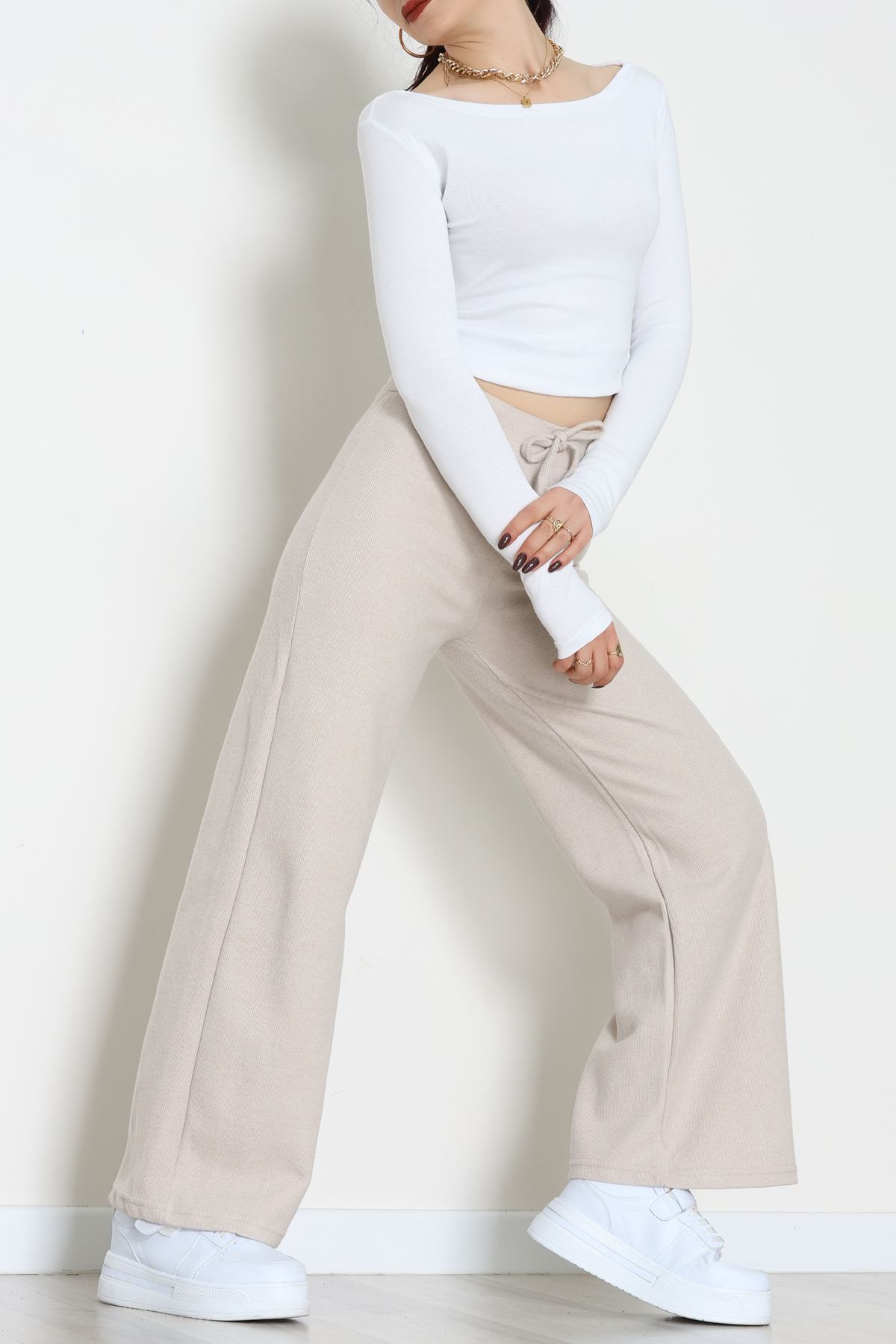 Selanik Kumaş Bel Lastikli Palazzo Pantolon Bej - 51228.1567.