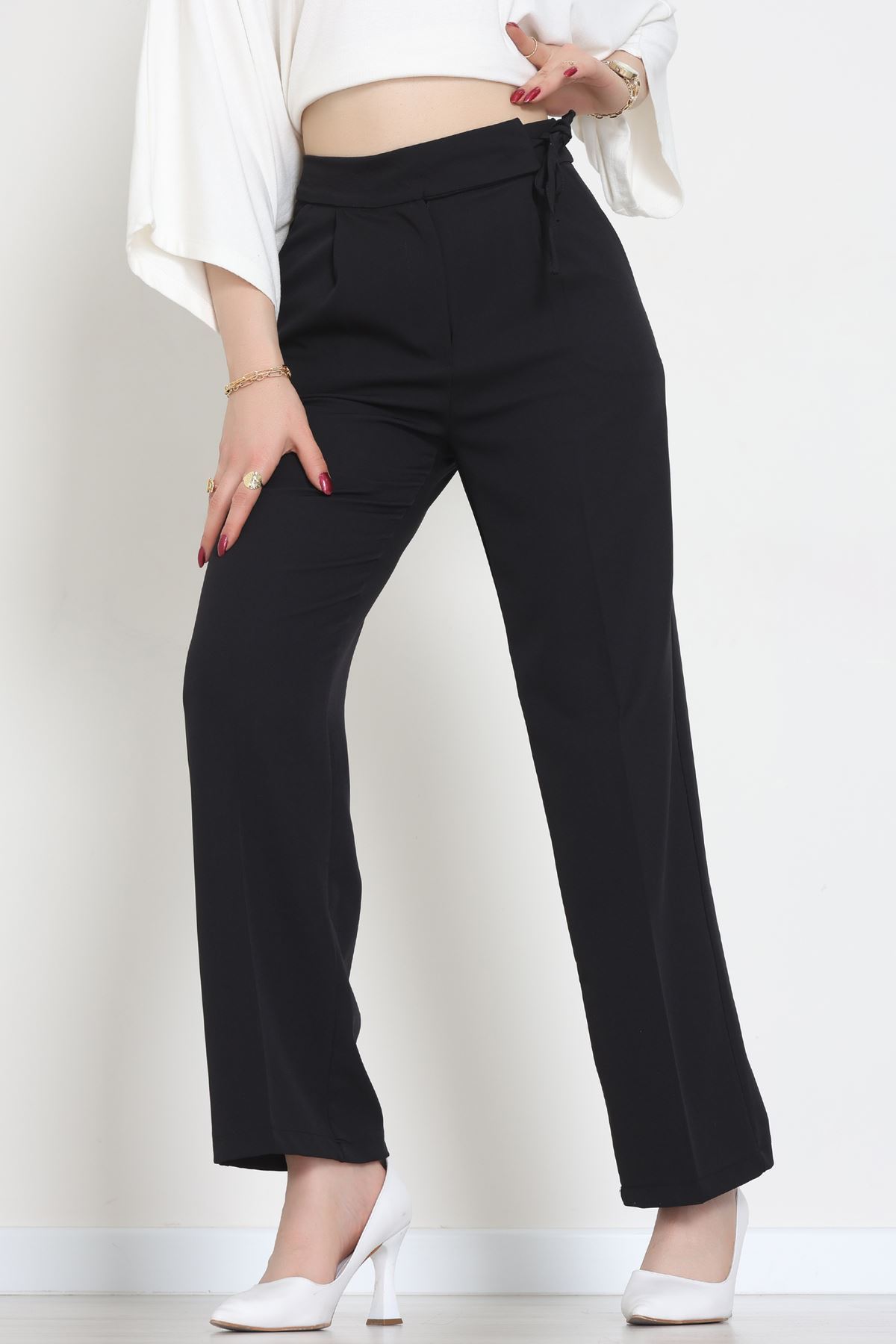 Double Kumaş İp Bağlamalı Palazzo Pantolon Siyah - 51268.683.