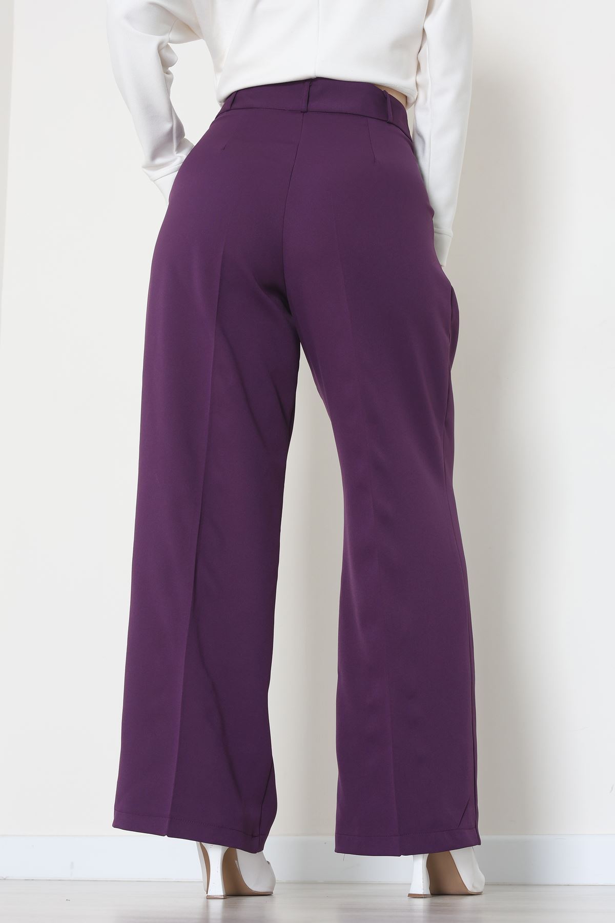 Premium Pileli Palazzo Pantolon Mor - 51609.683.