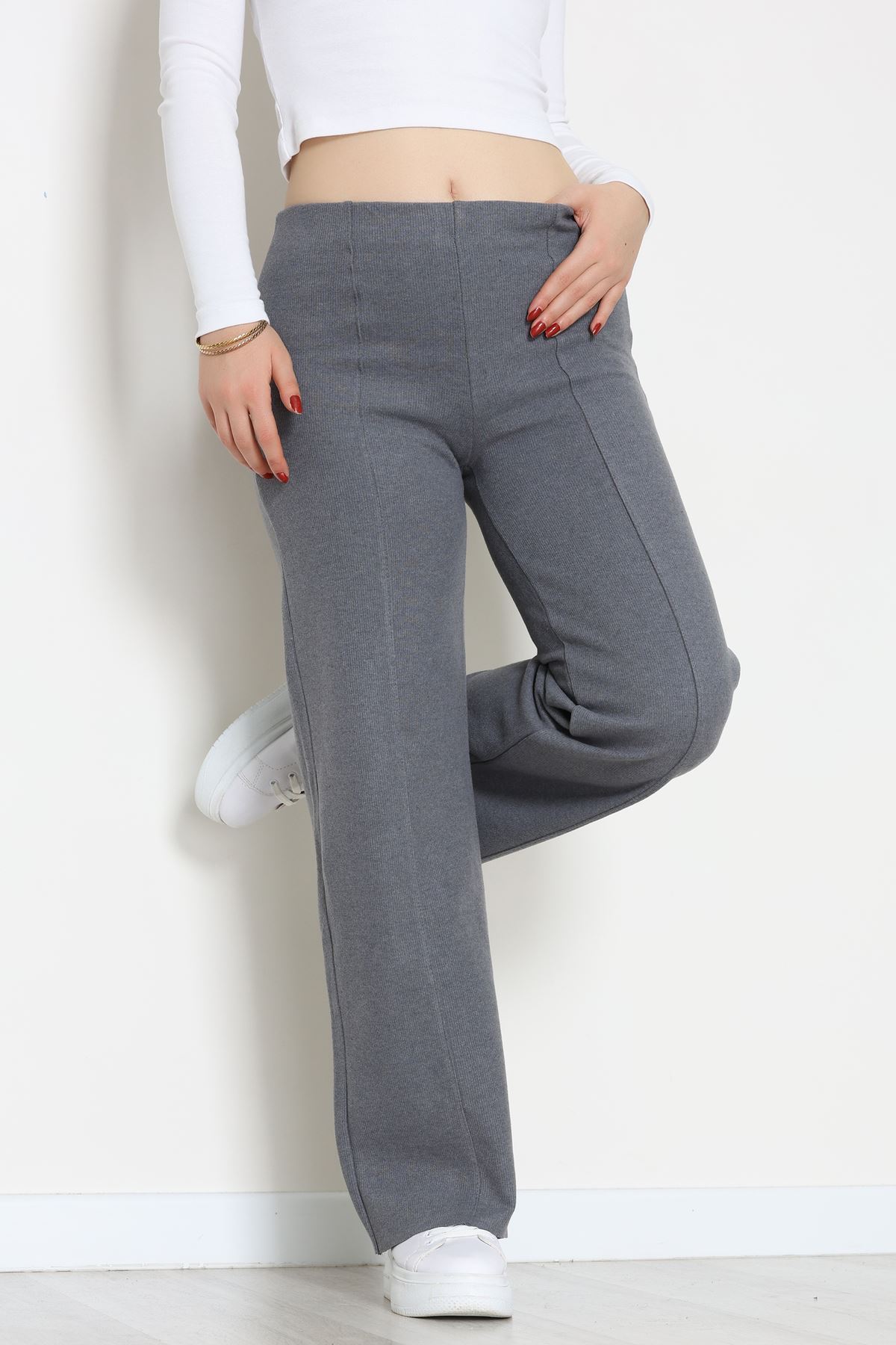 Selanik Kumaş Bel Lastikli Çımalı Pantolon Antrasit - 51226.1567.