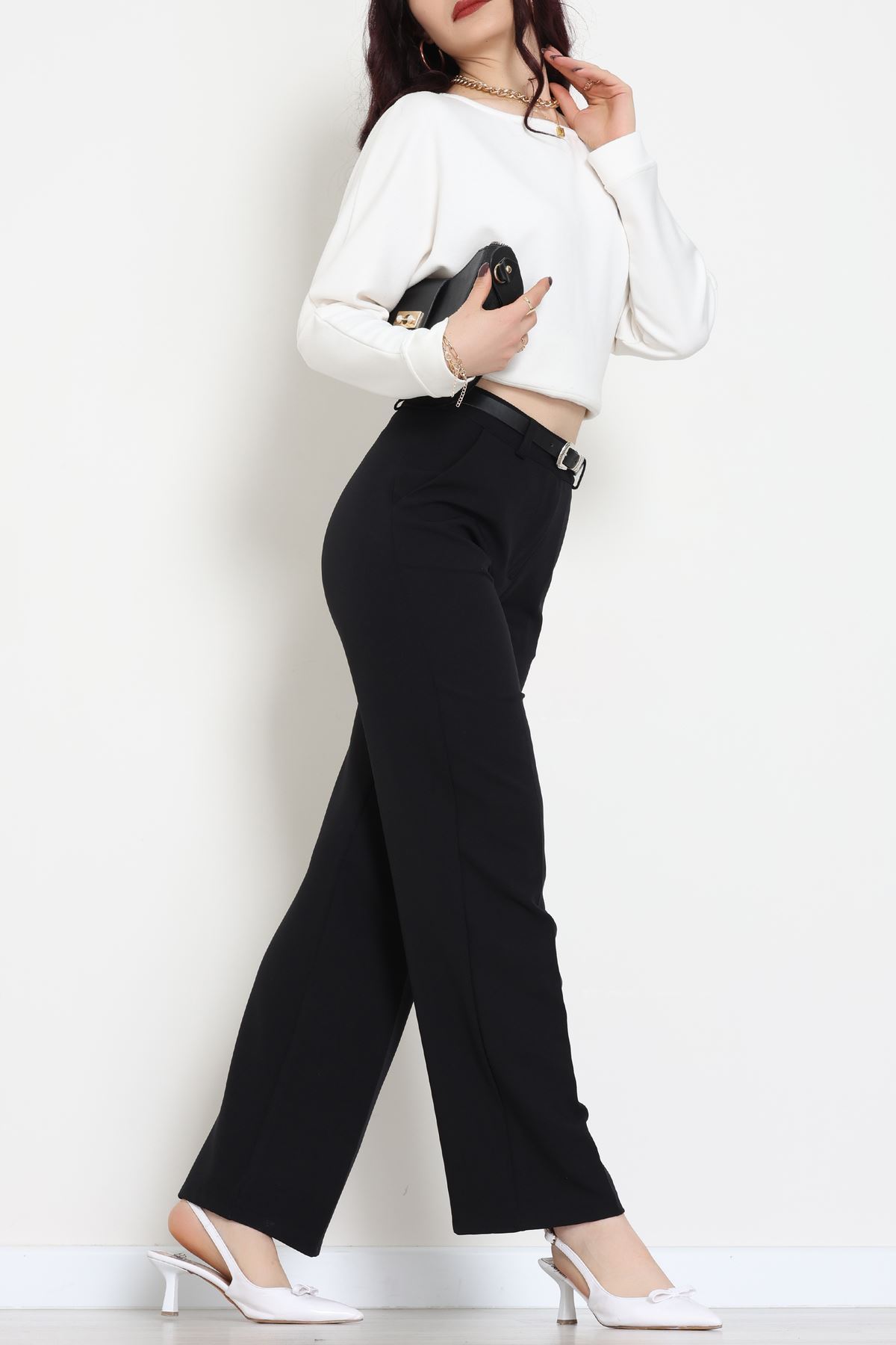 Dabıl Kumaş Kemerli Palazzo Pantolon Siyah - 51113.1920.